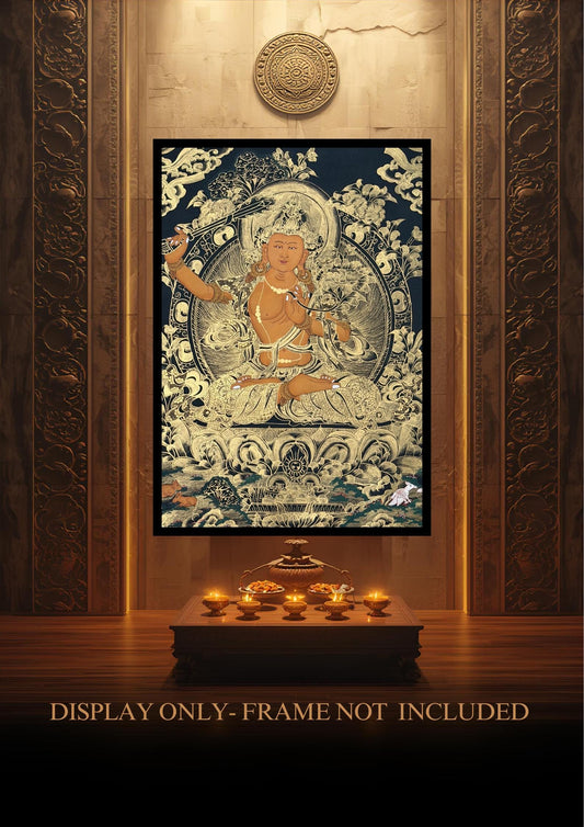 Hand-Painted Black and Gold Manjushri Thangka with Silk Brocade - Tibetan Bodhisattva of Wisdom Art