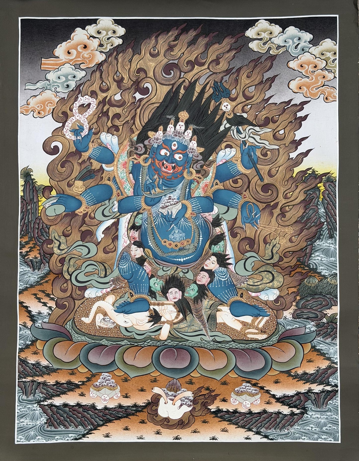 Six-Armed Mahakala Thangka 24K Gold Tibetan Buddhist Protector Painting Rare Masterpiece