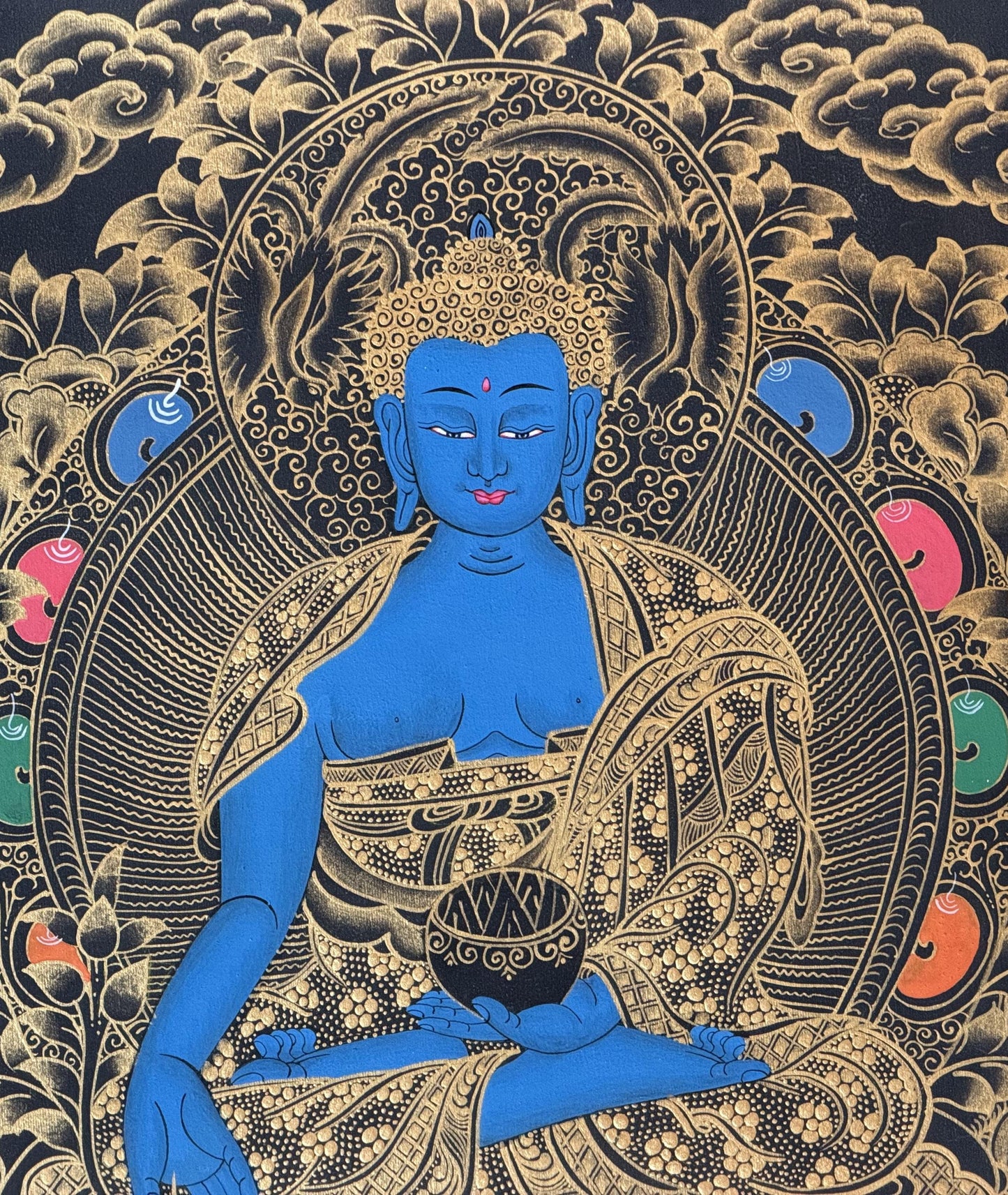 Medicine Buddha Thangka Painting: Hand-Painted Tibetan Meditation Art with Silk Brocade
