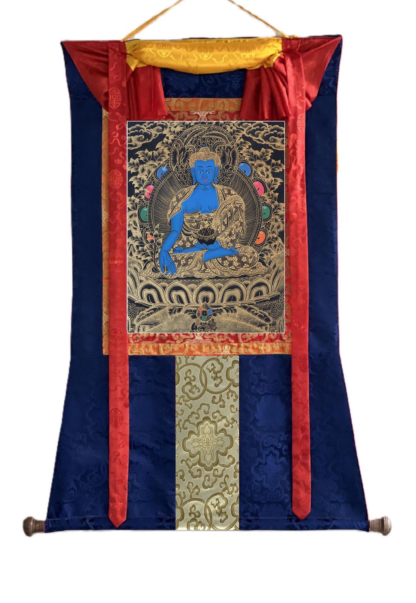 Medicine Buddha Thangka Painting: Hand-Painted Tibetan Meditation Art with Silk Brocade