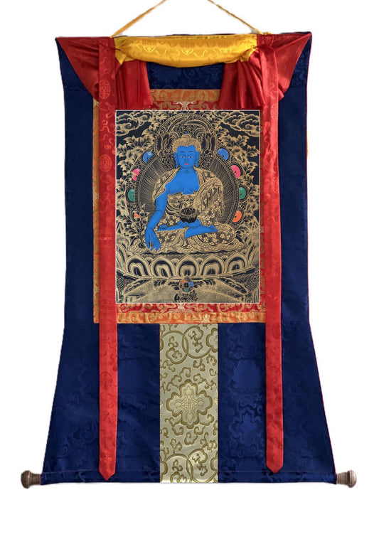 Medicine Buddha Thangka Painting: Hand-Painted Tibetan Meditation Art with Silk Brocade