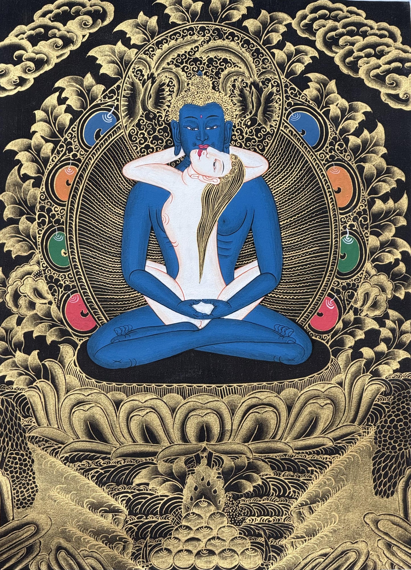 Hand-Painted Samantabhadra Yab Yum Thangka with Silk Brocade - Black and Gold Tibetan  Art