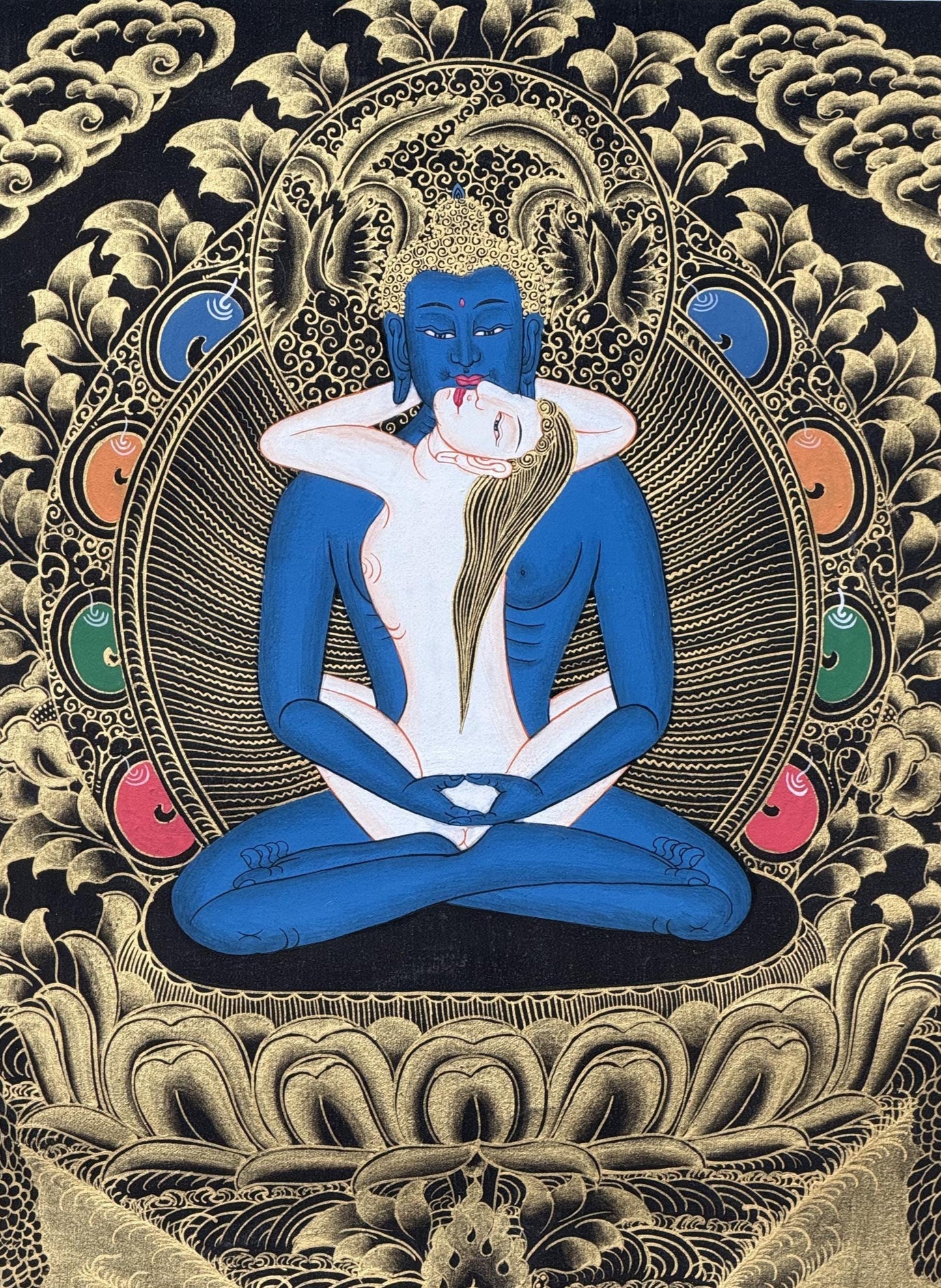Hand-Painted Samantabhadra Yab Yum Thangka with Silk Brocade - Black and Gold Tibetan  Art