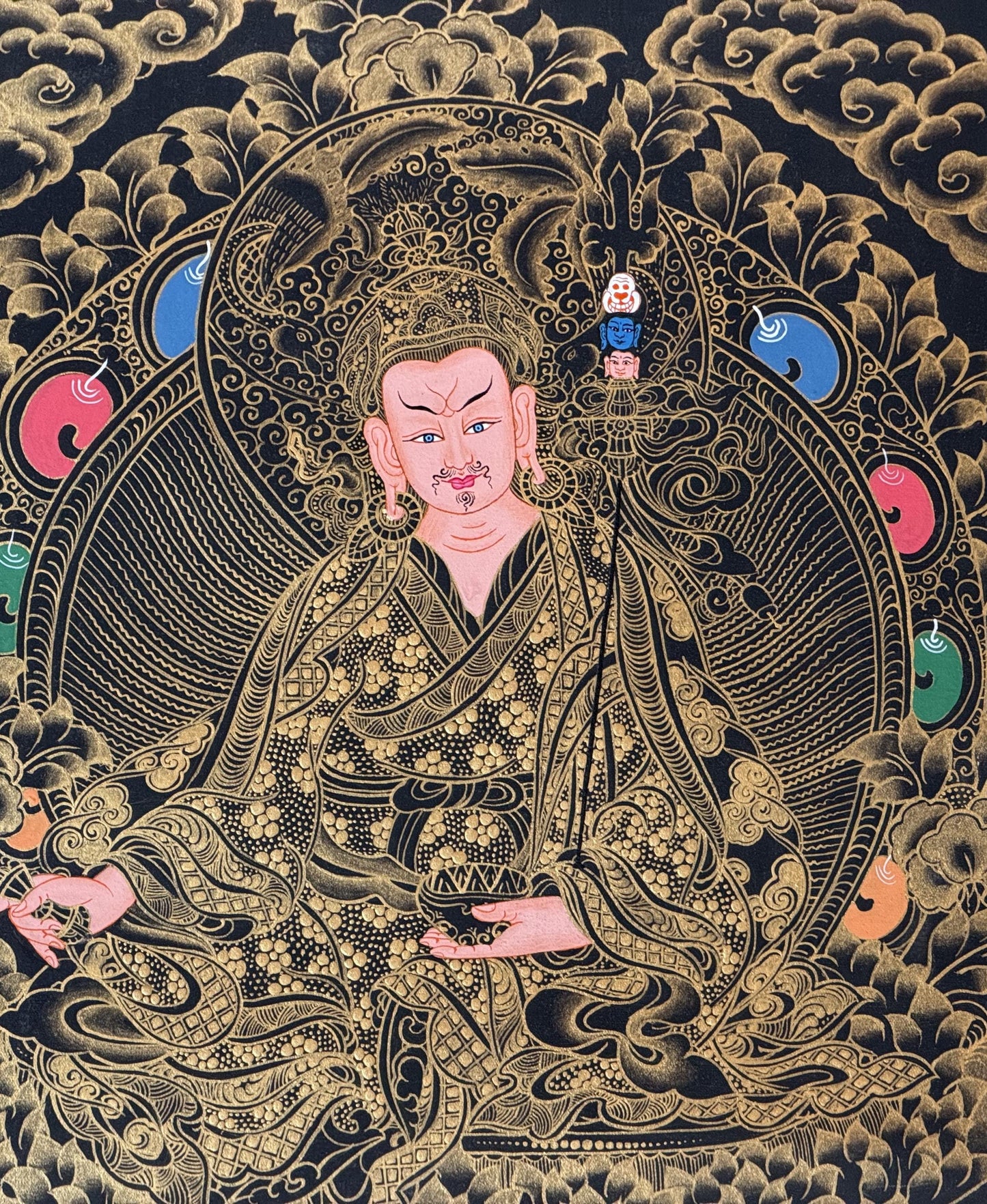 Hand-Painted Guru Rinpoche Thangka with Silk Brocade - Black and Gold Padmasambhava Tibetan Master Art