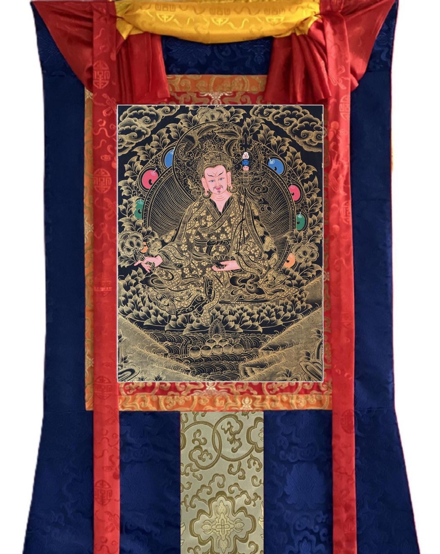 Hand-Painted Guru Rinpoche Thangka with Silk Brocade - Black and Gold Padmasambhava Tibetan Master Art