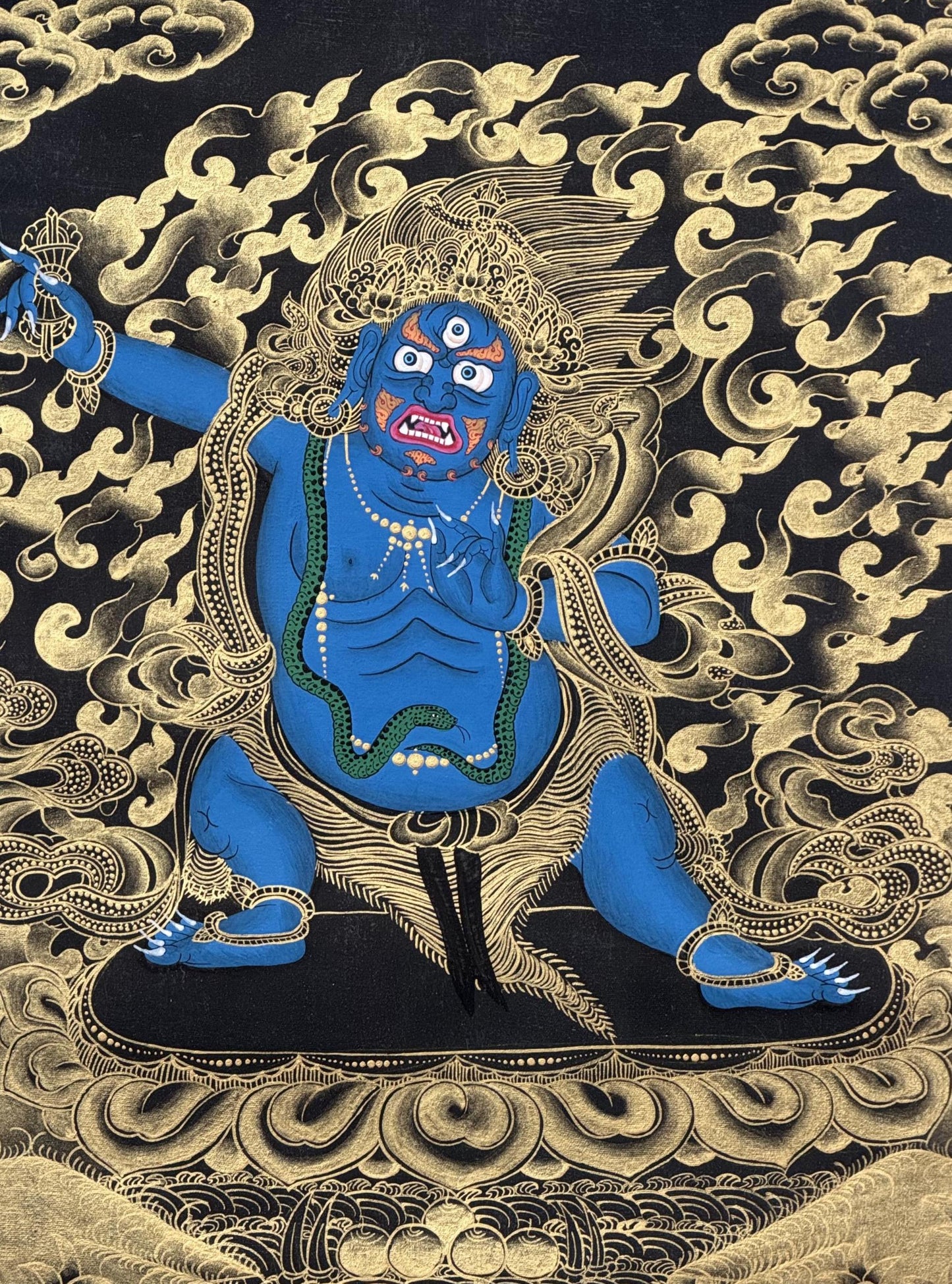 Hand-Painted Black and Gold Vajrapani Thangka with Silk Brocade - Wrathful Tibetan Protector Bodhisattva Art
