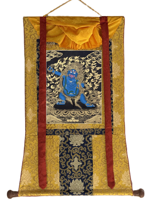 Hand-Painted Black and Gold Vajrapani Thangka with Silk Brocade - Wrathful Tibetan Protector Bodhisattva Art