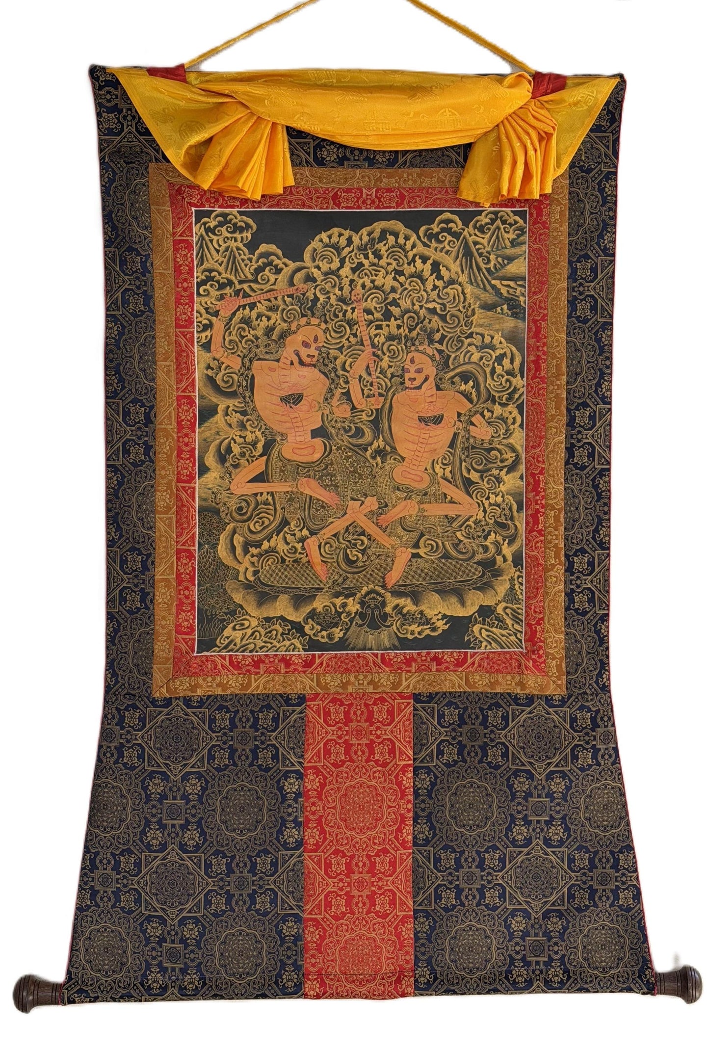 Hand-Painted Citipati Thangka Painting with Silk Brocade