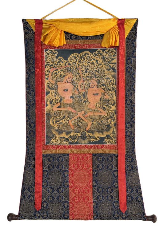 Hand-Painted Citipati Thangka Painting with Silk Brocade