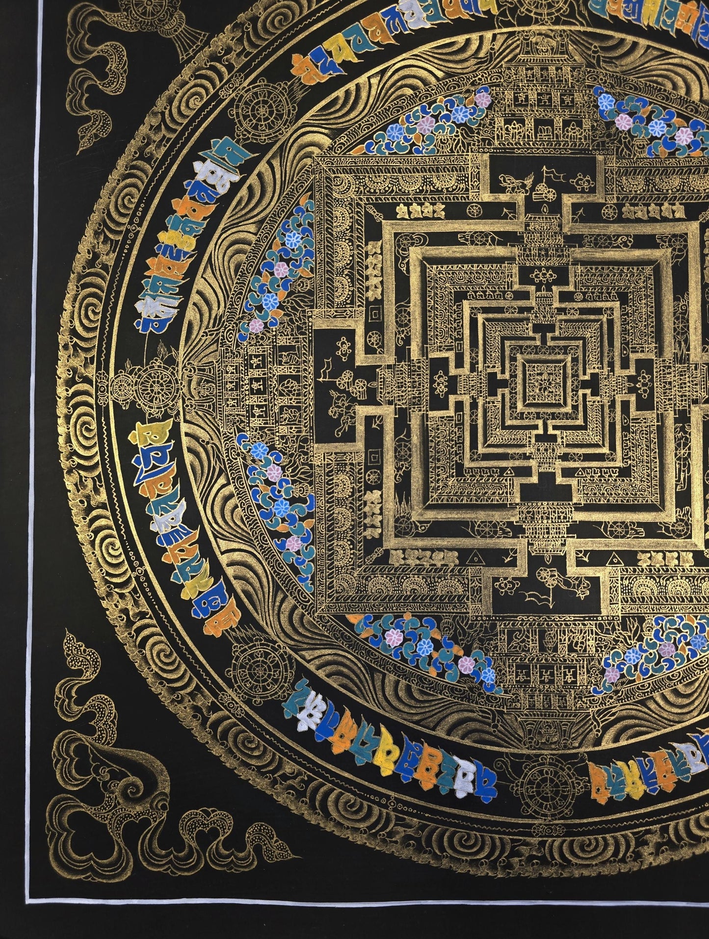Black & Gold Kalachakra Mandala Thangka - Original Hand-Painted Tibetan Wheel of Time Art