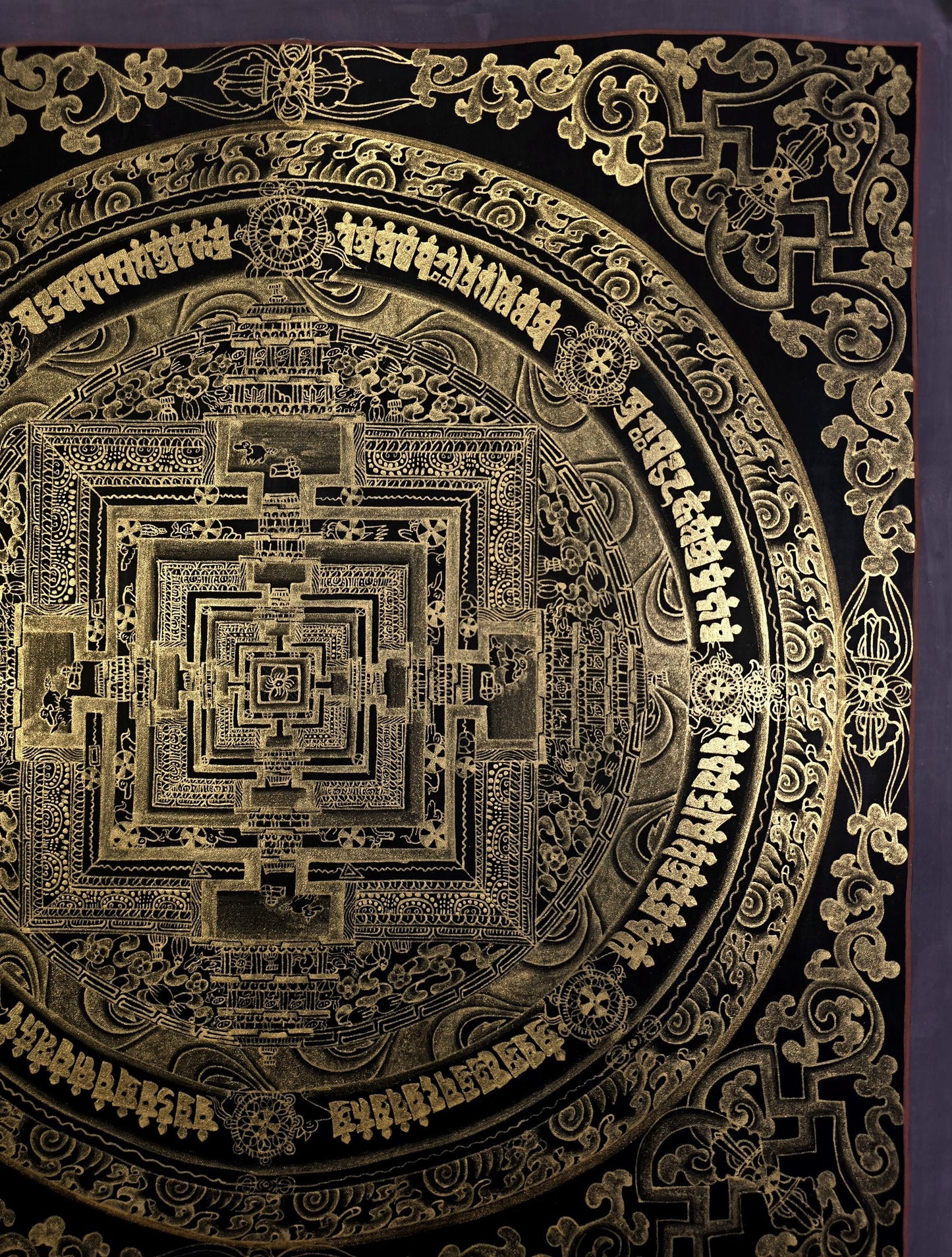 Black and Gold Kalachakra Mandala – Wheel of Time Tibetan Thangka Painting