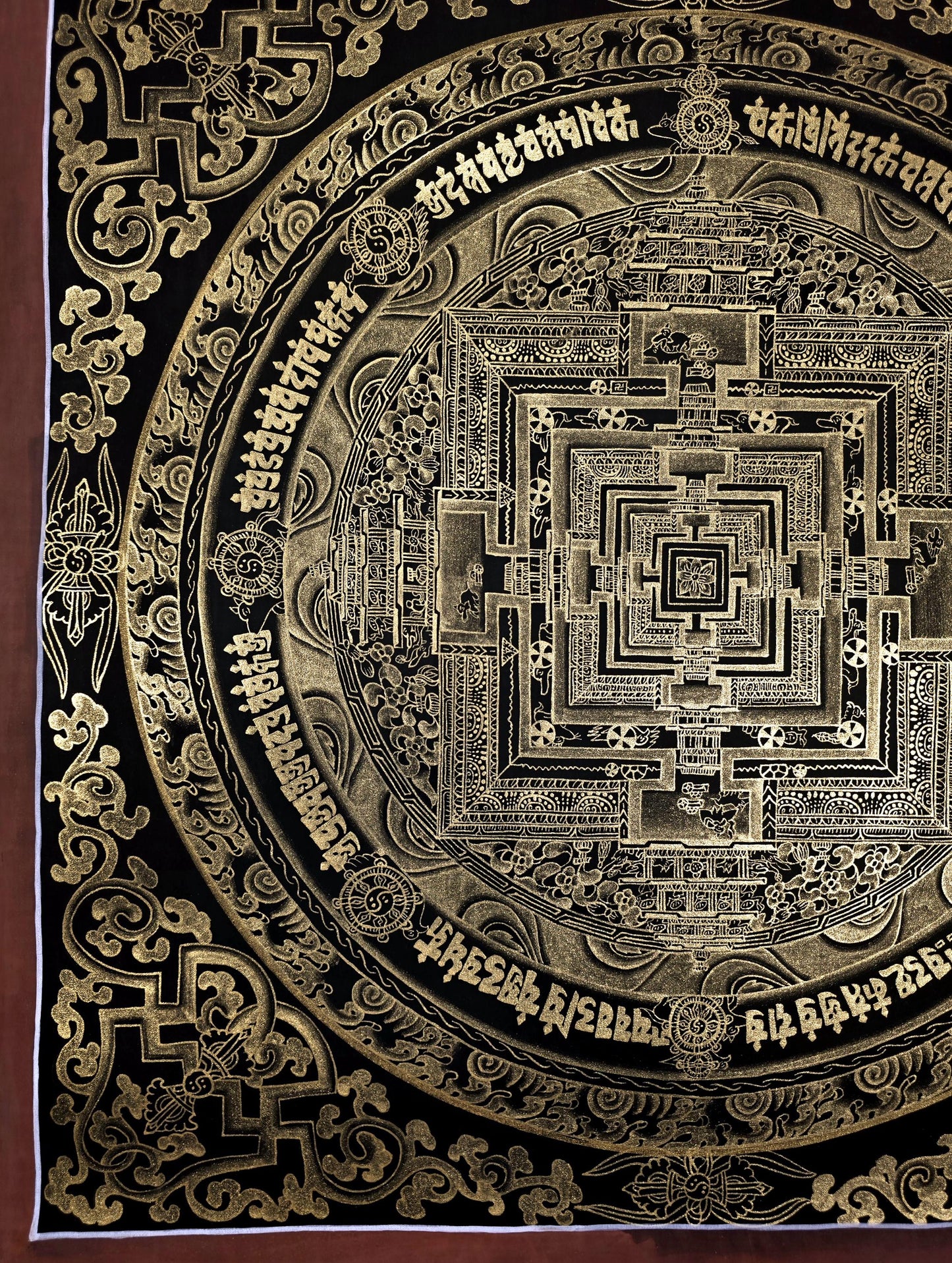 Black and Gold Kalachakra Mandala – Wheel of Time Tibetan Thangka Painting from Nepal