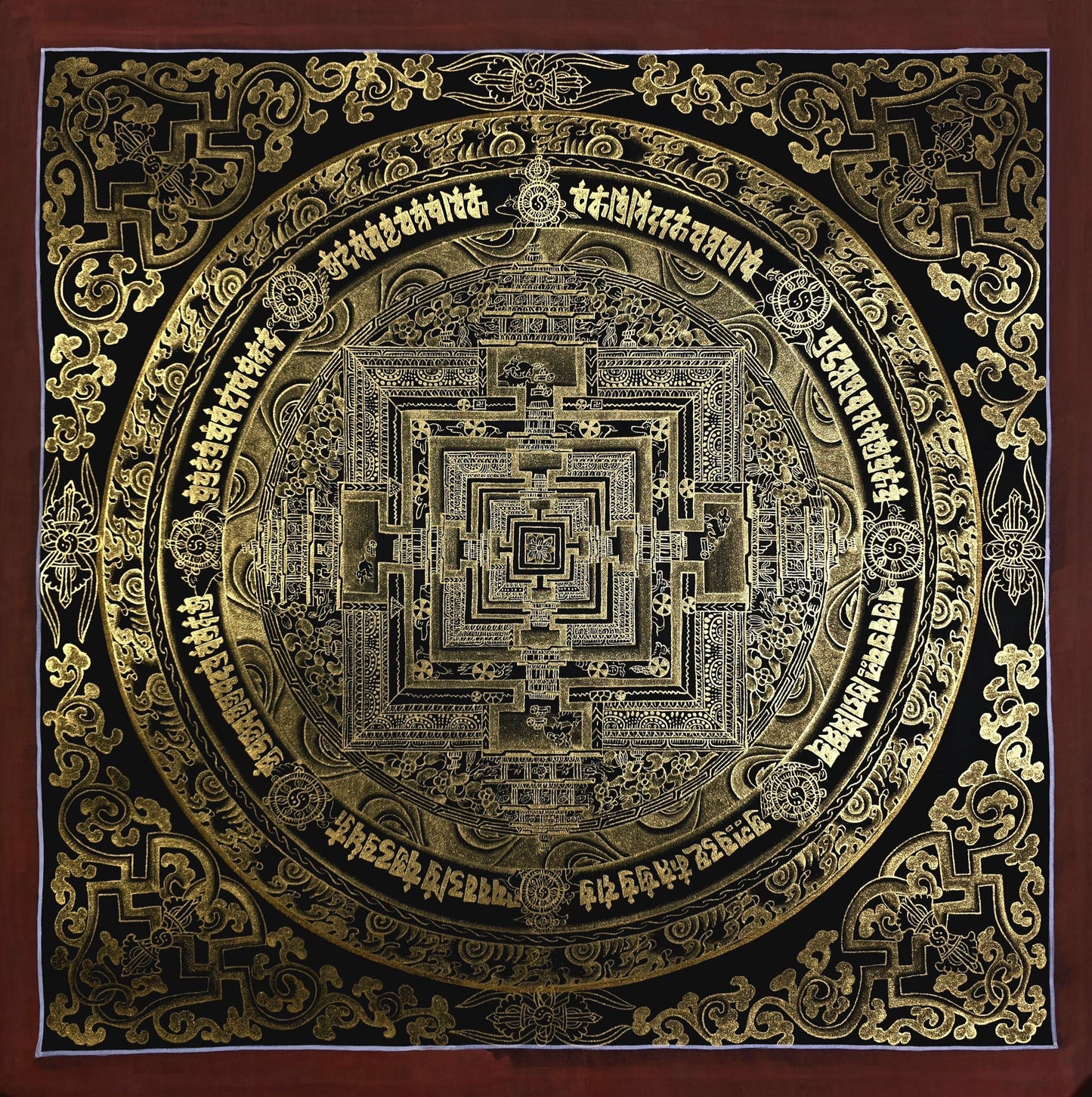 Black and Gold Kalachakra Mandala – Wheel of Time Tibetan Thangka Painting from Nepal