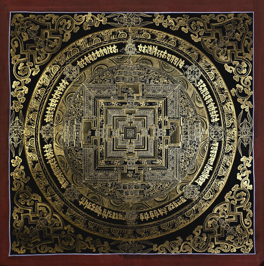 Black and Gold Kalachakra Mandala – Wheel of Time Tibetan Thangka Painting from Nepal