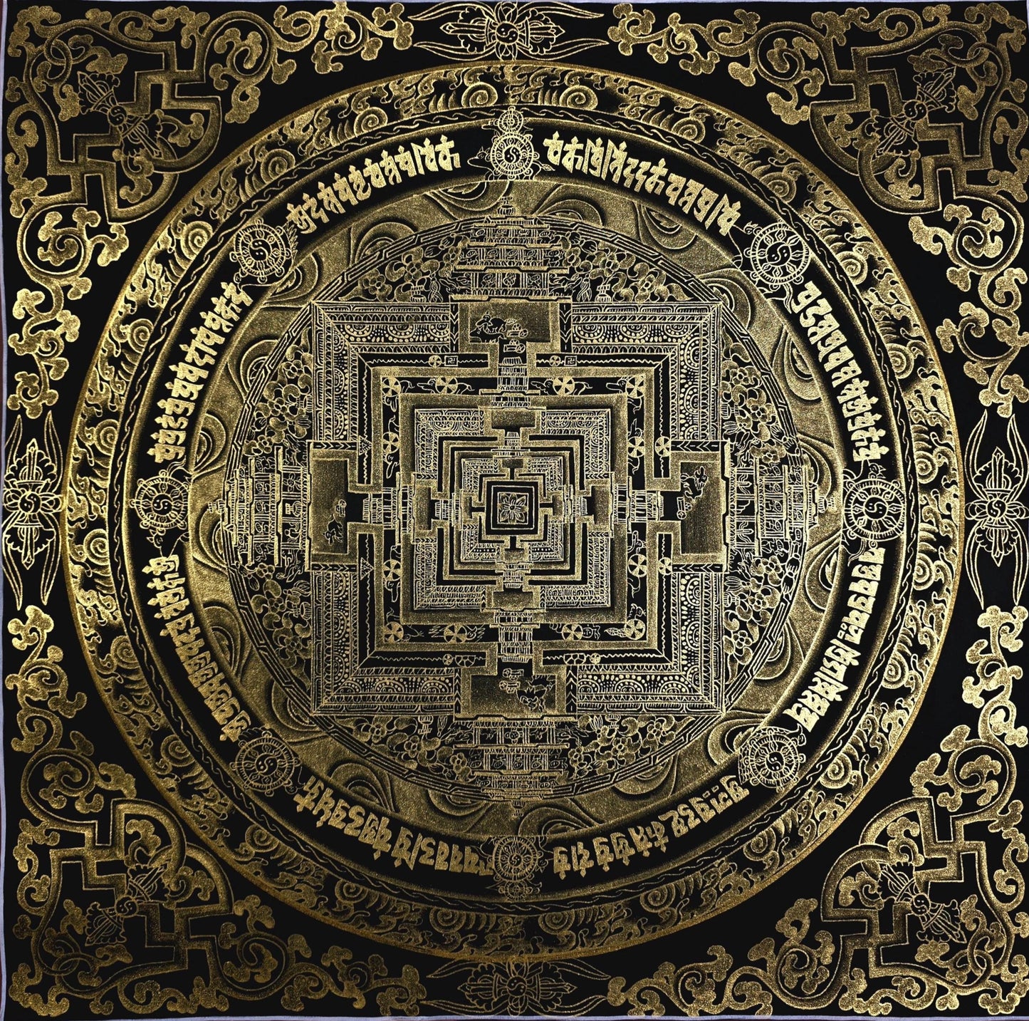 Black and Gold Kalachakra Mandala – Wheel of Time Tibetan Thangka Painting from Nepal