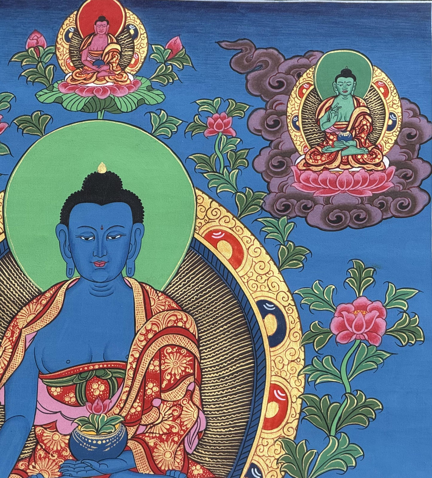 Medicine Buddha Healing Thangka | Hand Painted Tibetan Buddhist Art for Meditation & Peace | Silk Brocade