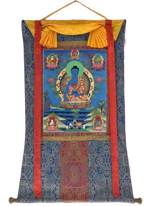 Medicine Buddha Healing Thangka | Hand Painted Tibetan Buddhist Art for Meditation & Peace | Silk Brocade