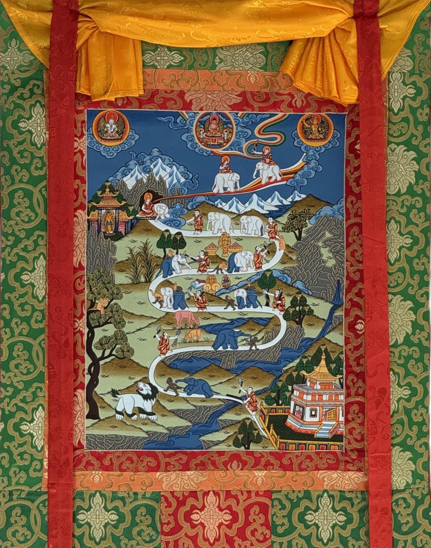 Hand-Painted Tibetan Thangka: Samatha Meditation Path with Silk Brocade