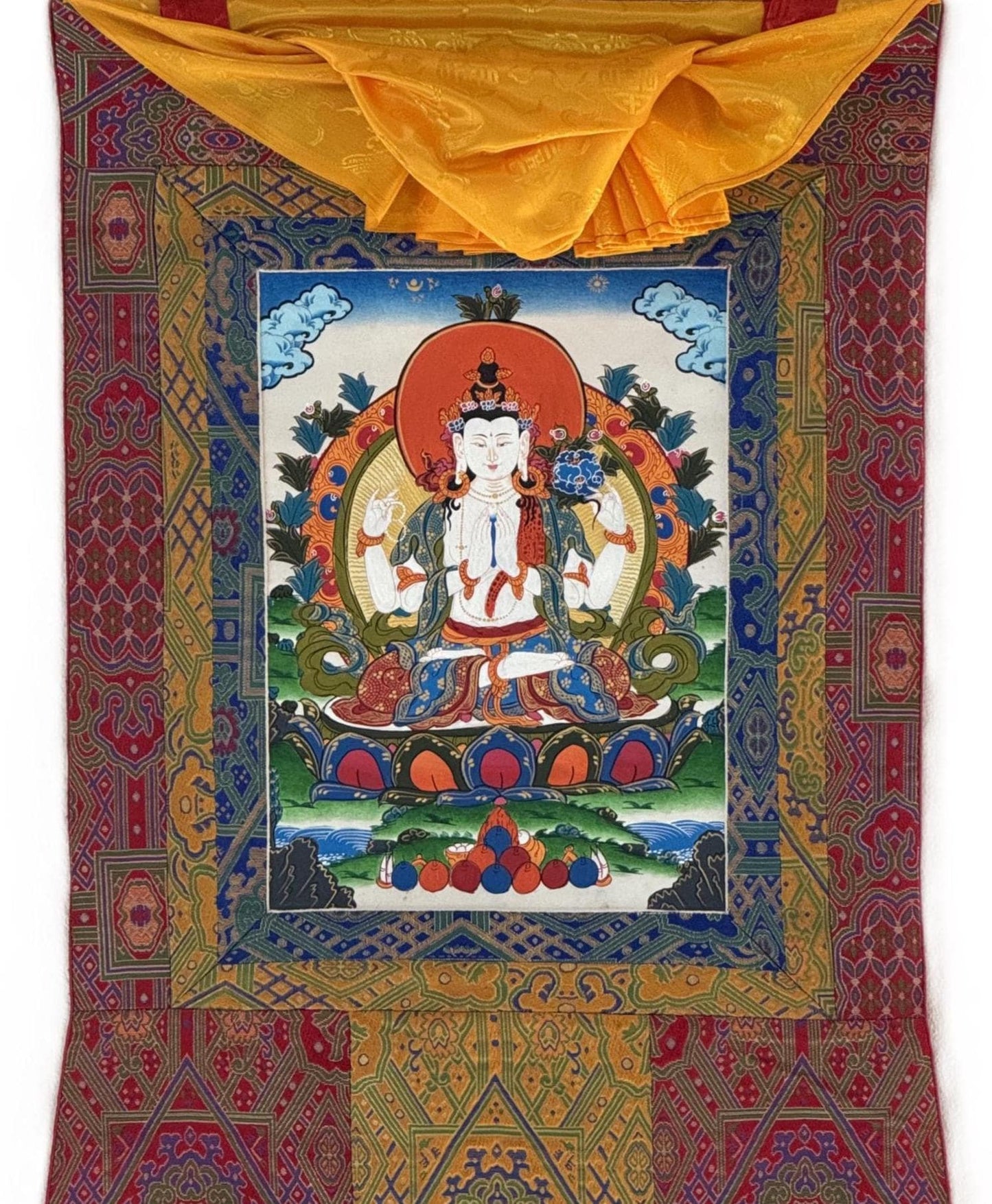 Original Hand-Painted Four-Armed Chenrezig Avalokiteshvara Thangka – Tibetan Buddhist Art, Compassion Bodhisattva with Silk Brocade