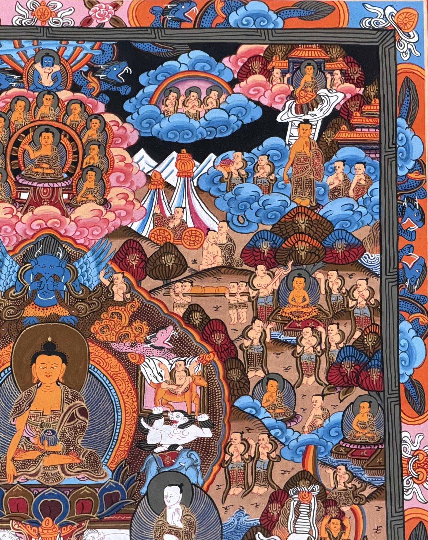Life of Buddha Tibetan Thangka Painting – Original Hand-Painted Meditation Art with Silk Brocade