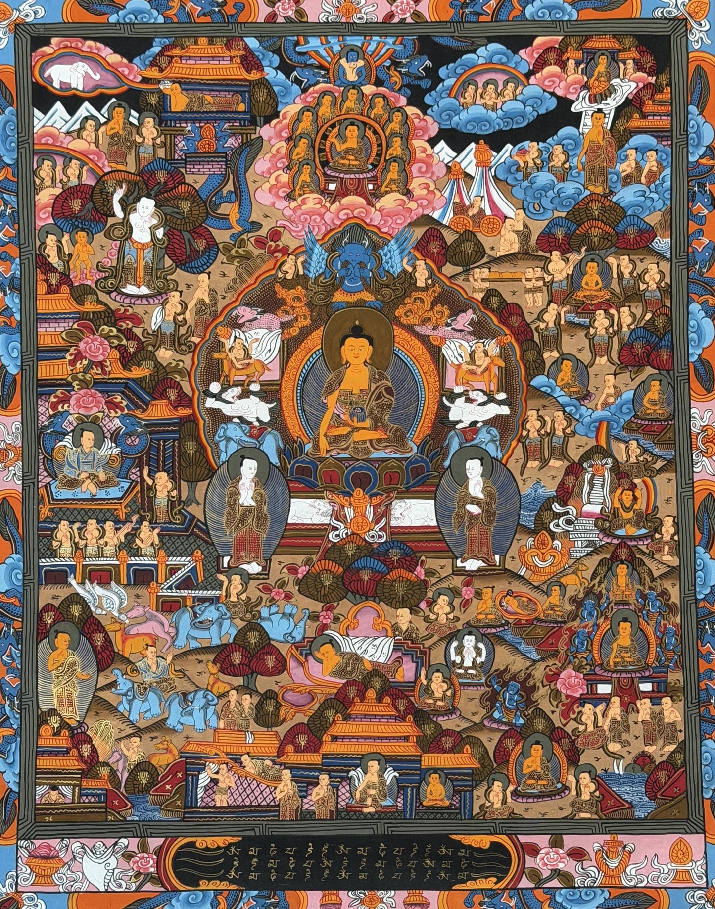 Life of Buddha Tibetan Thangka Painting – Original Hand-Painted Meditation Art with Silk Brocade