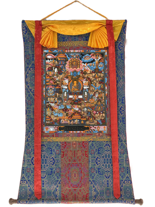 Life of Buddha Tibetan Thangka Painting – Original Hand-Painted Meditation Art with Silk Brocade