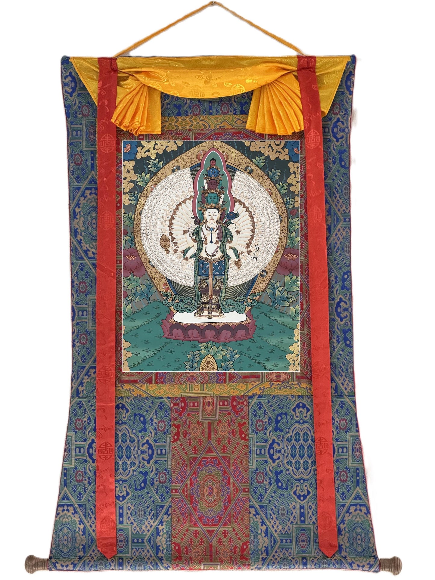 Hand-Painted 1000-Armed Chenrezig Thangka with Silk Brocade - Tibetan Avalokiteshvara Compassion Deity Art