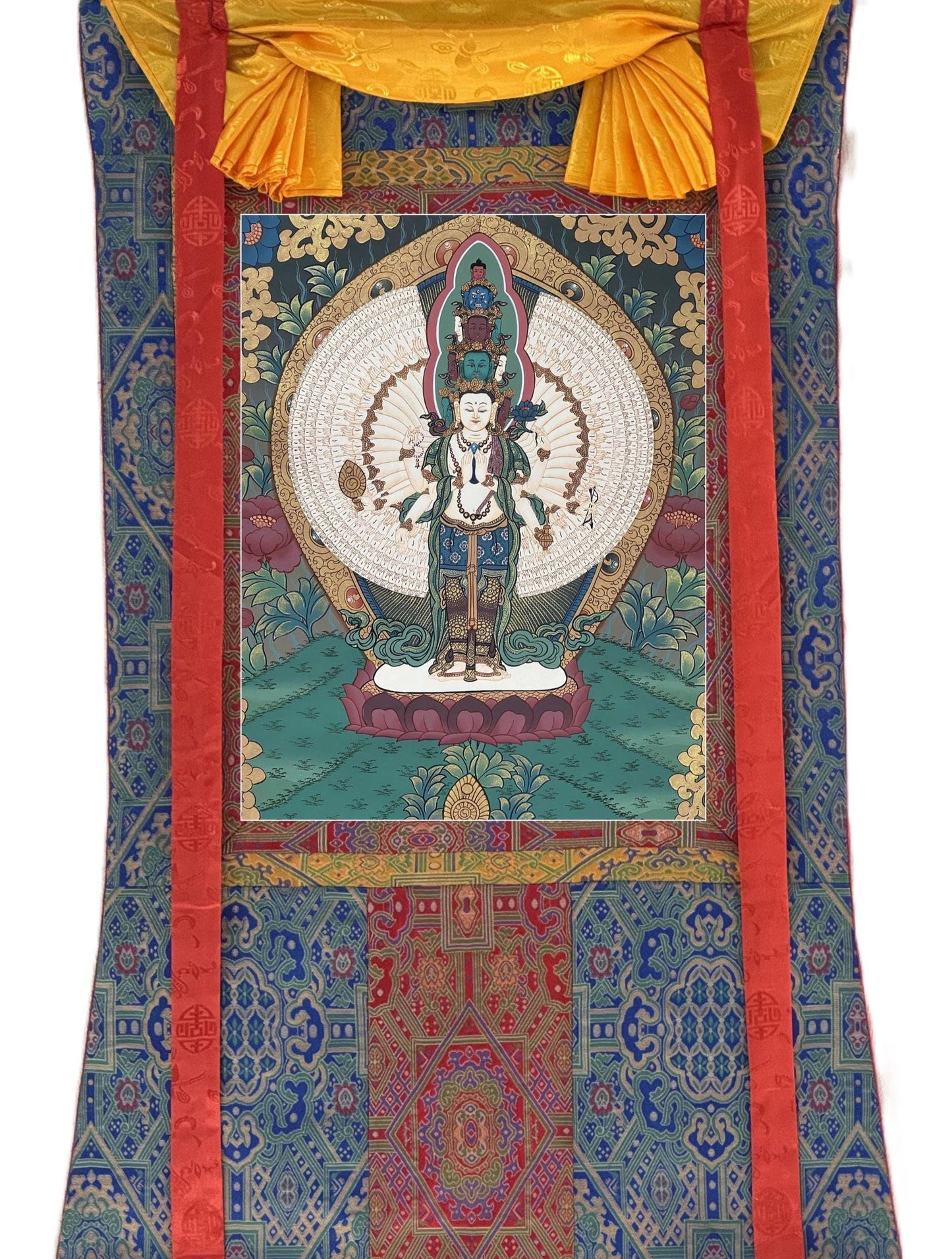 Hand-Painted 1000-Armed Chenrezig Thangka with Silk Brocade - Tibetan Avalokiteshvara Compassion Deity Art