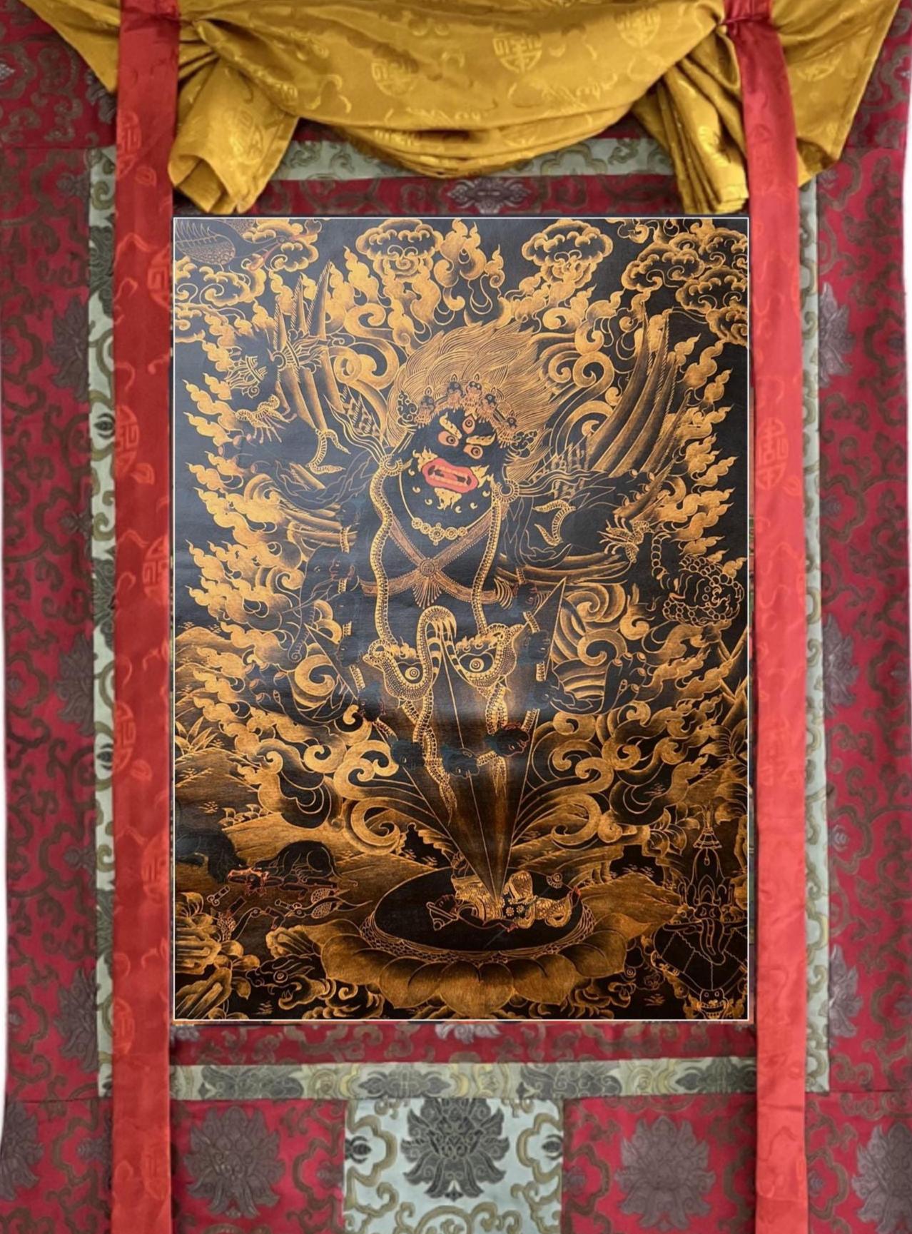 Guru Dragpo Thangka | Hand-Painted Wrathful Padmasambhava | Oil Varnished Painting with Silk Brocade