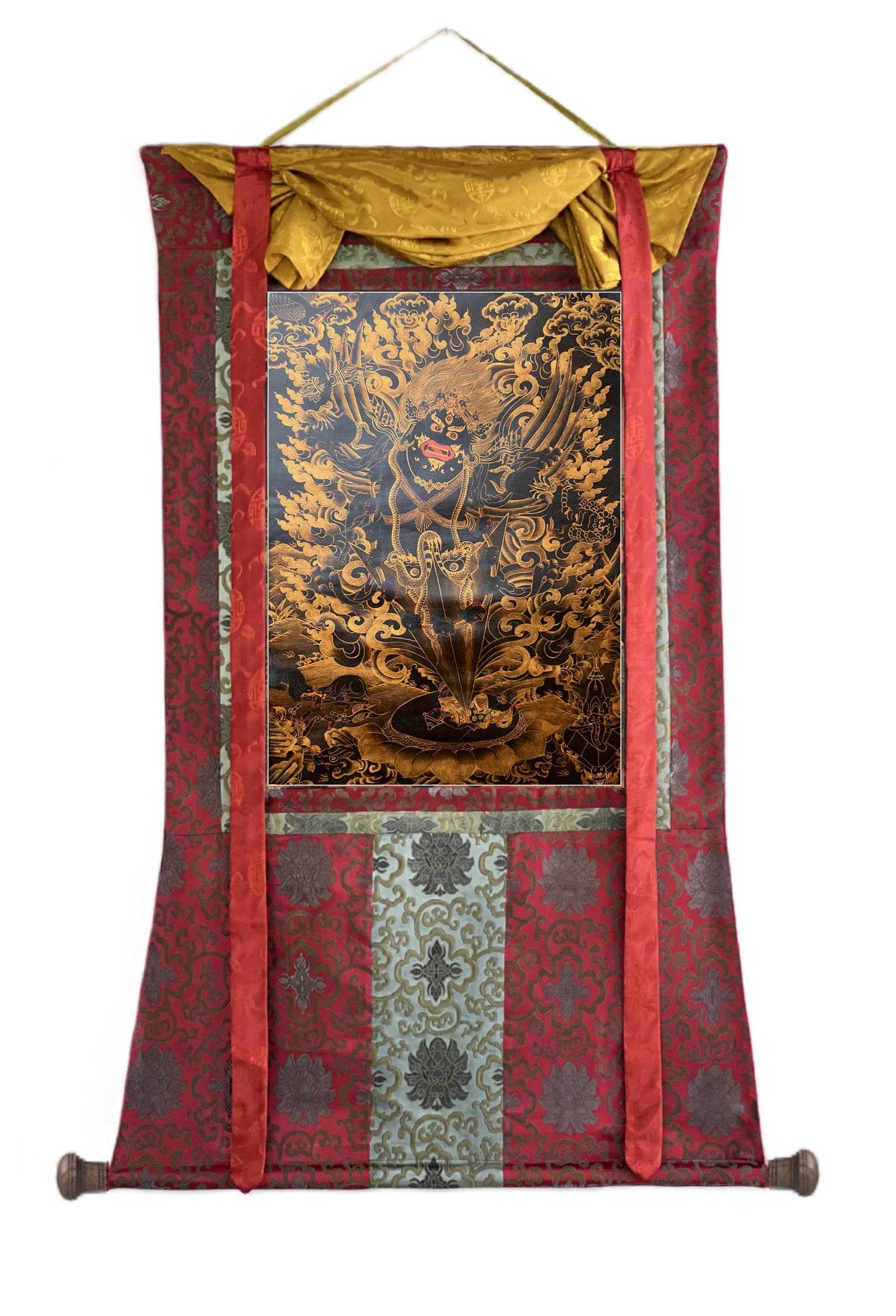 Guru Dragpo Thangka | Hand-Painted Wrathful Padmasambhava | Oil Varnished Painting with Silk Brocade