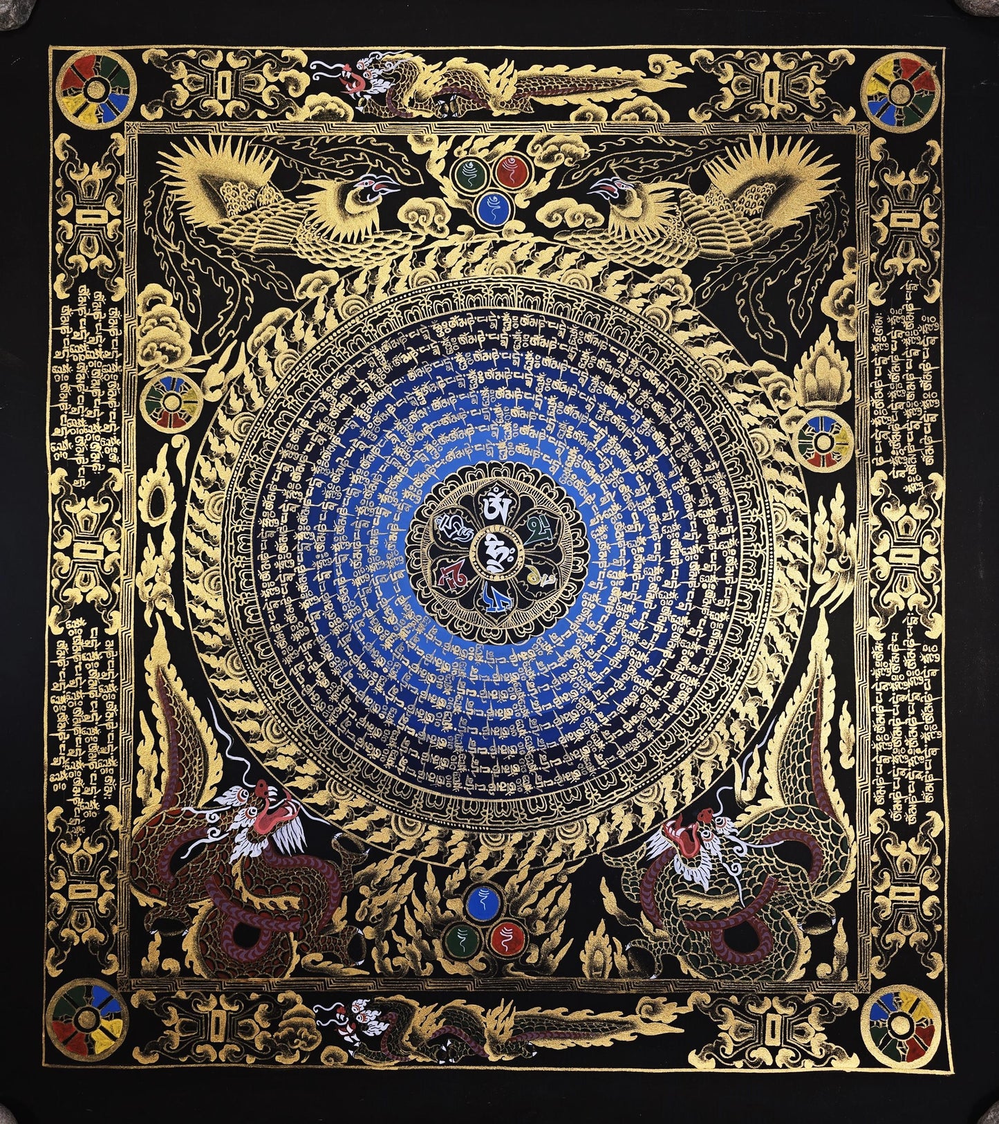 Hand-Painted Dragon Mandala Thangka – Tibetan Buddhist Art, Meditation Decor