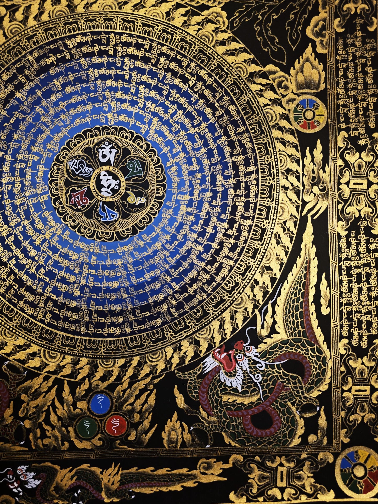 Hand-Painted Dragon Mandala Thangka – Tibetan Buddhist Art, Meditation Decor