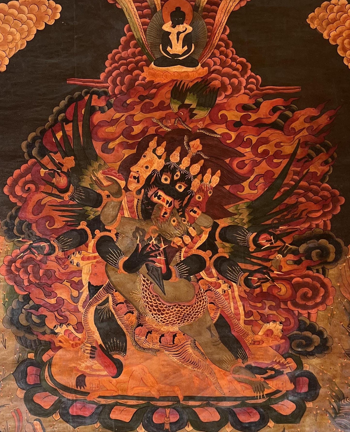 Hand-Painted Vajrakilaya Thangka | Wrathful Tibetan Deity Artwork | Vintage Oil Varnished Large Painting