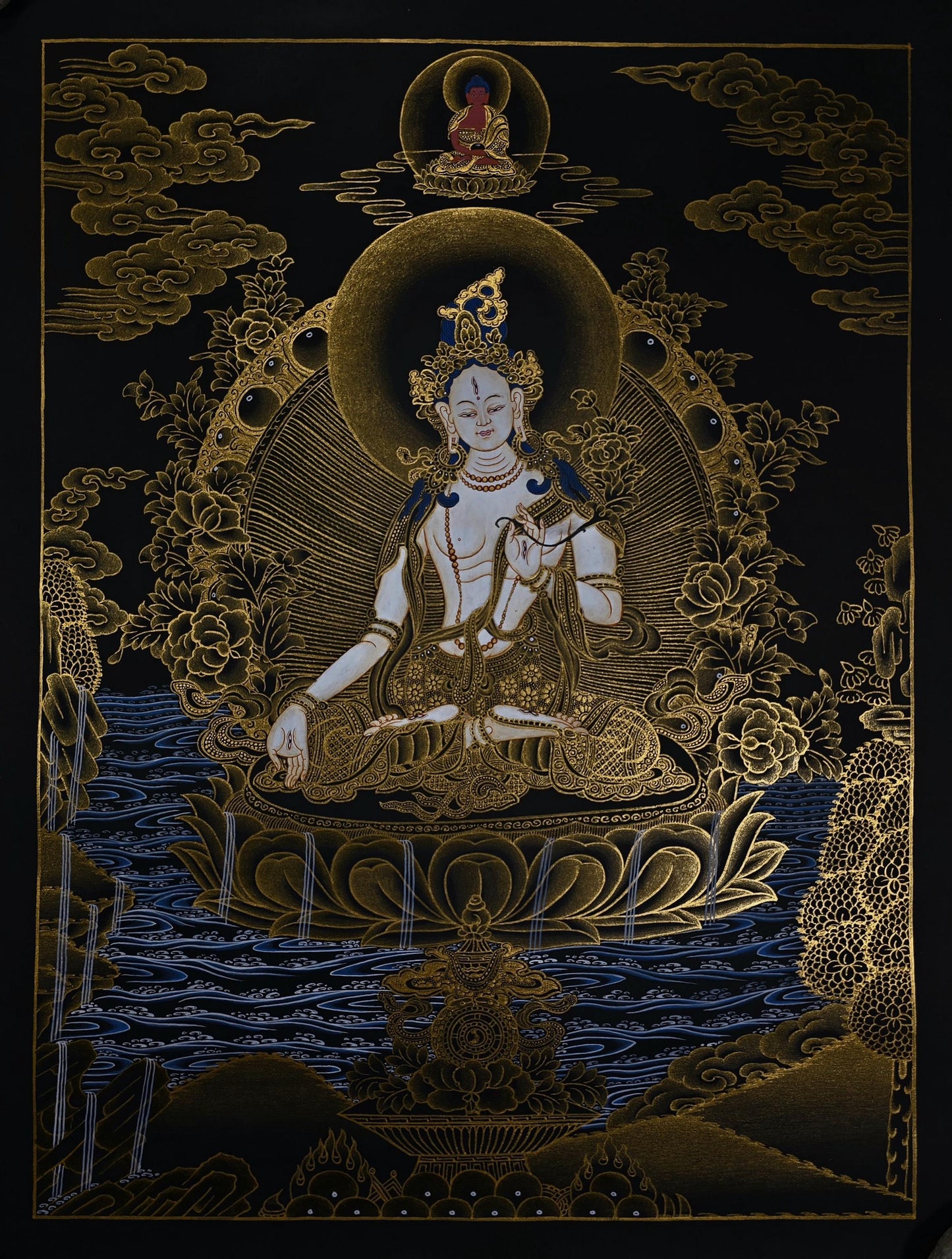 White Tara Thangka Painting, Gold Accents, Tibetan Art