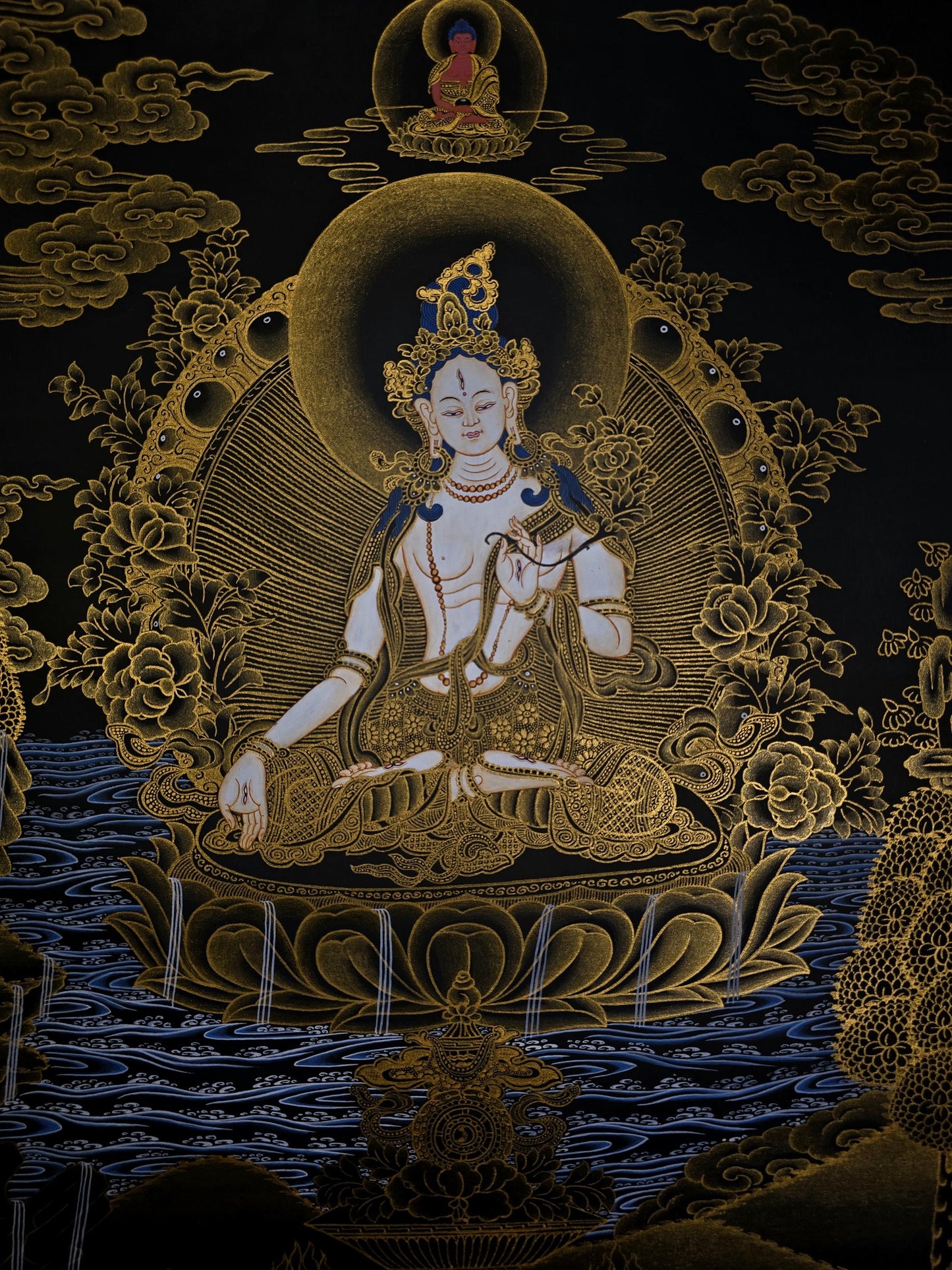 White Tara Thangka Painting, Gold Accents, Tibetan Art