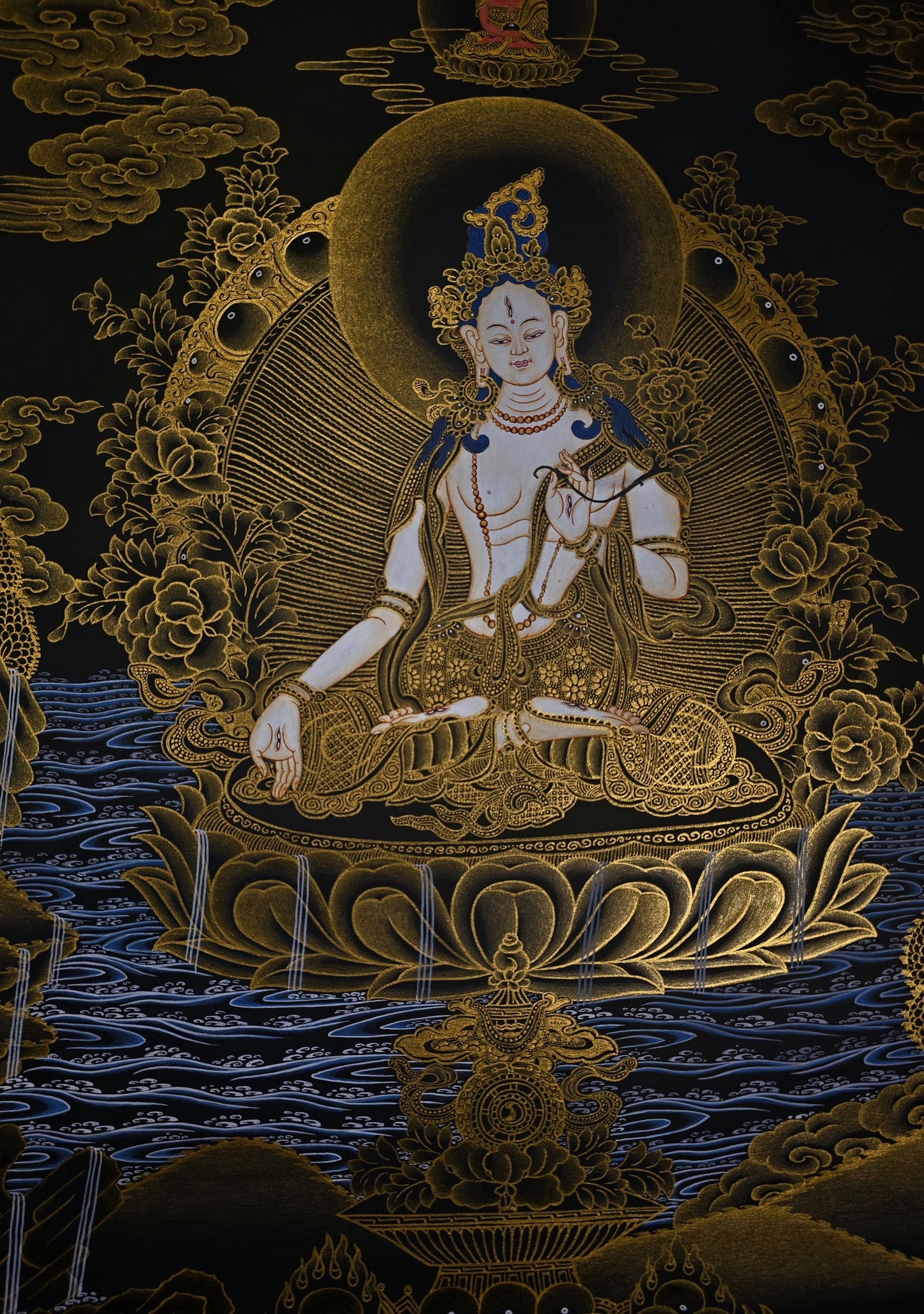 White Tara Thangka Painting, Gold Accents, Tibetan Art