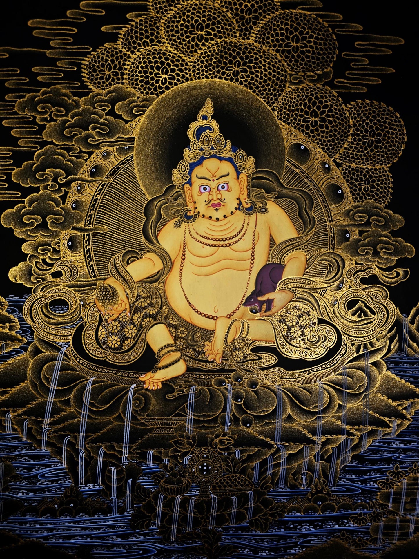 Hand Painted Jambhala Thangka - God of Wealth Art | 24k Gold Tibetan Meditation Masterpiece Painting