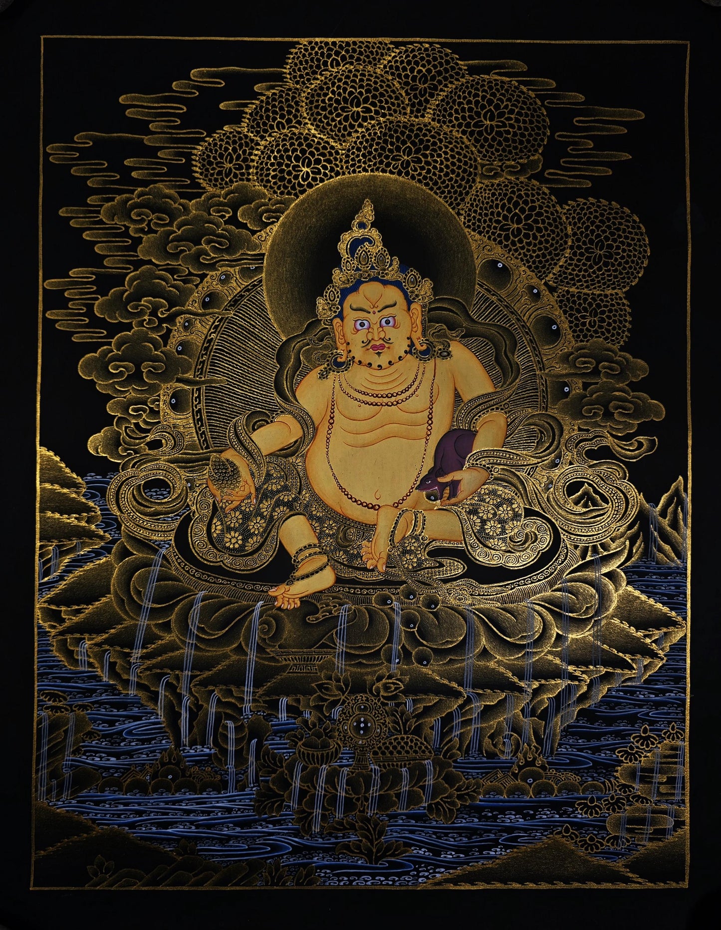 Hand Painted Jambhala Thangka - God of Wealth Art | 24k Gold Tibetan Meditation Masterpiece Painting