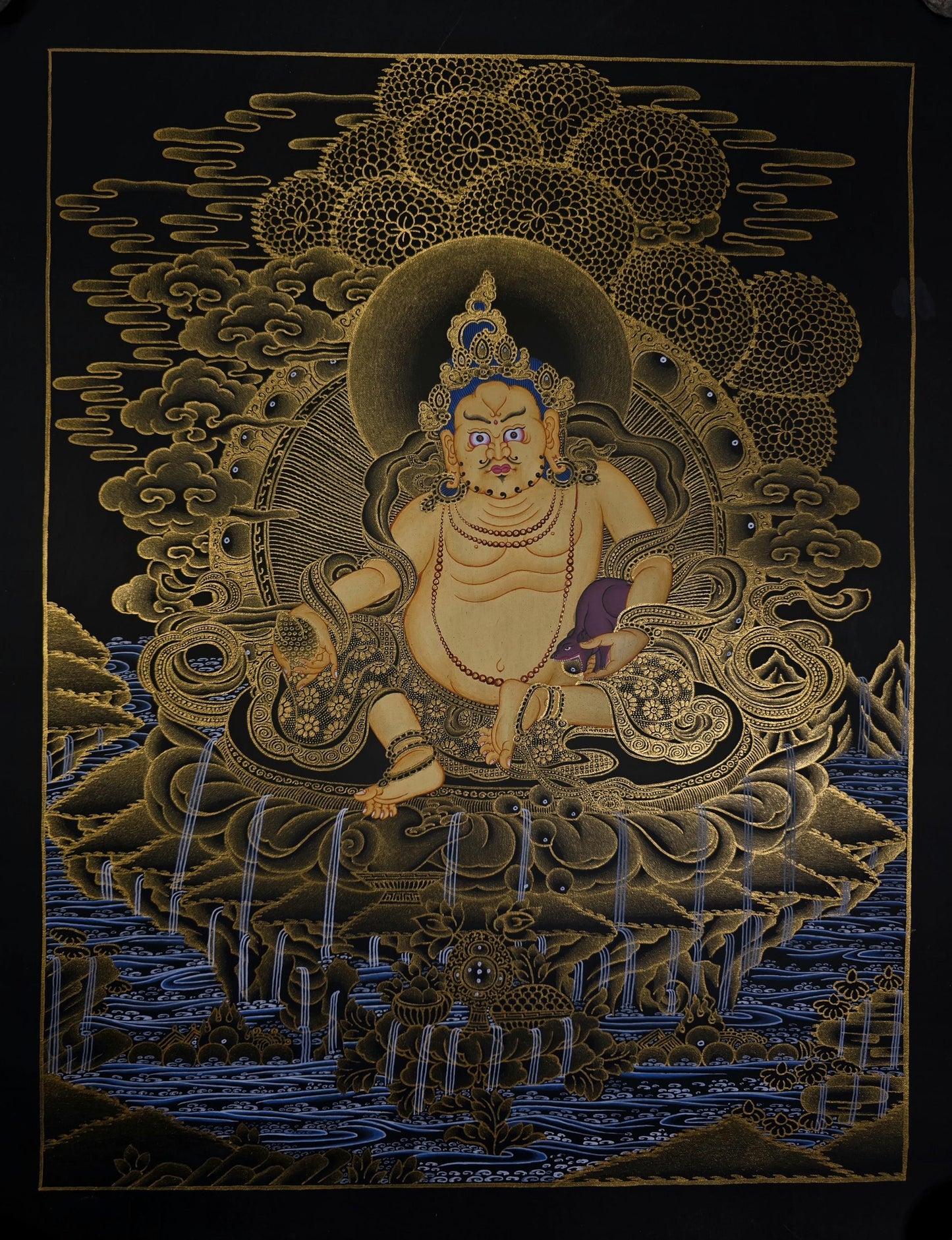 Hand Painted Jambhala Thangka - God of Wealth Art | 24k Gold Tibetan Meditation Masterpiece Painting