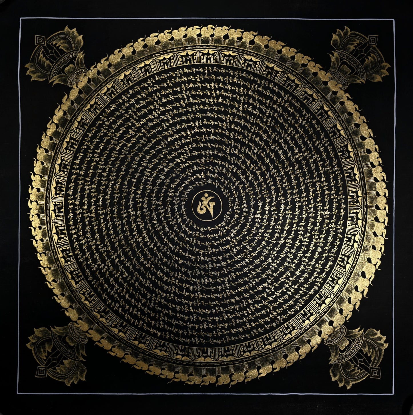 Handmade Om Mantra Mandala Black and Gold Thangka Painting | Tibetan Meditation Art