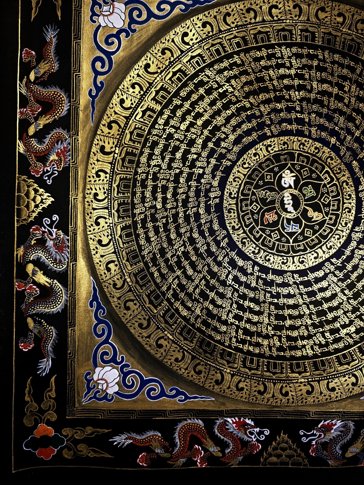 Hand-Painted Om Mani Padme Hum Dragon Mandala Thangka - Tibetan Buddhist Art for Meditation