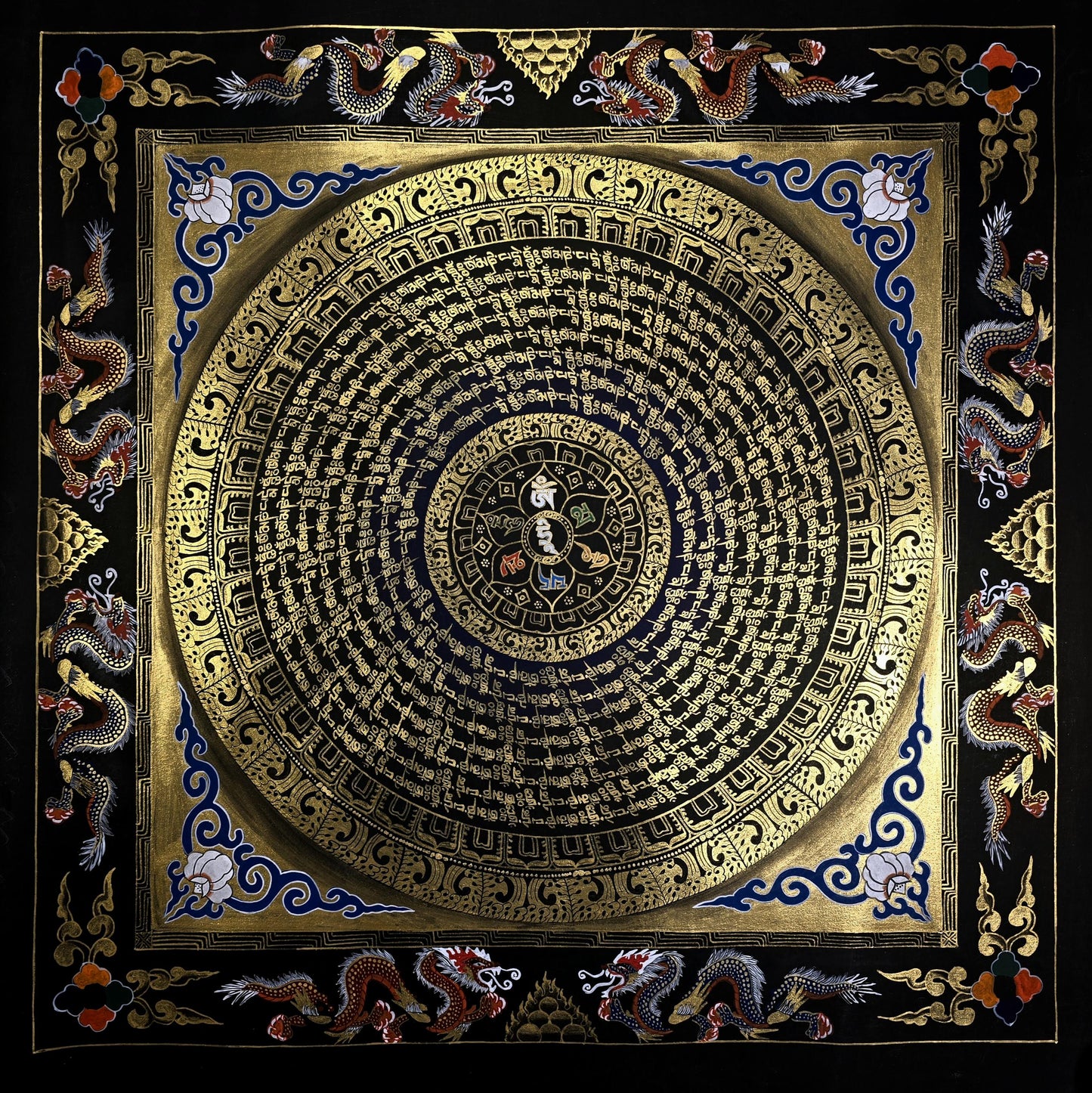 Hand-Painted Om Mani Padme Hum Dragon Mandala Thangka - Tibetan Buddhist Art for Meditation