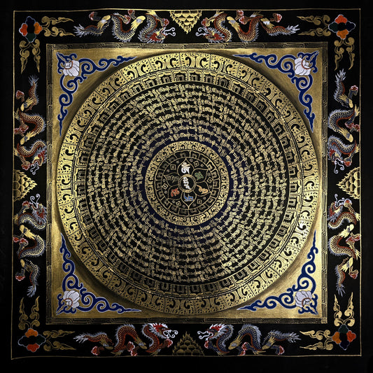 Hand-Painted Om Mani Padme Hum Dragon Mandala Thangka - Tibetan Buddhist Art for Meditation