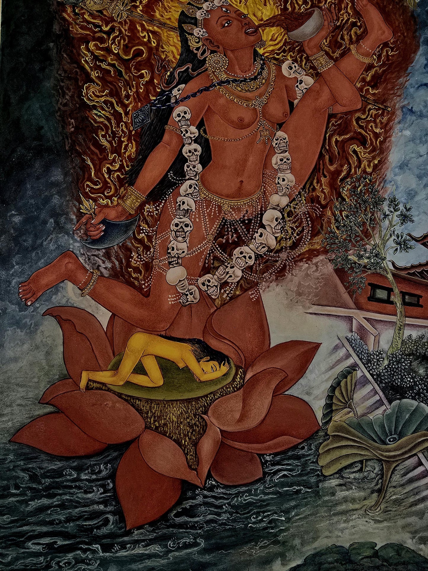 Akash Jogini Newari Paubha Thangka Painting – Wrathful Sky Dakini Sacred Himalayan Art
