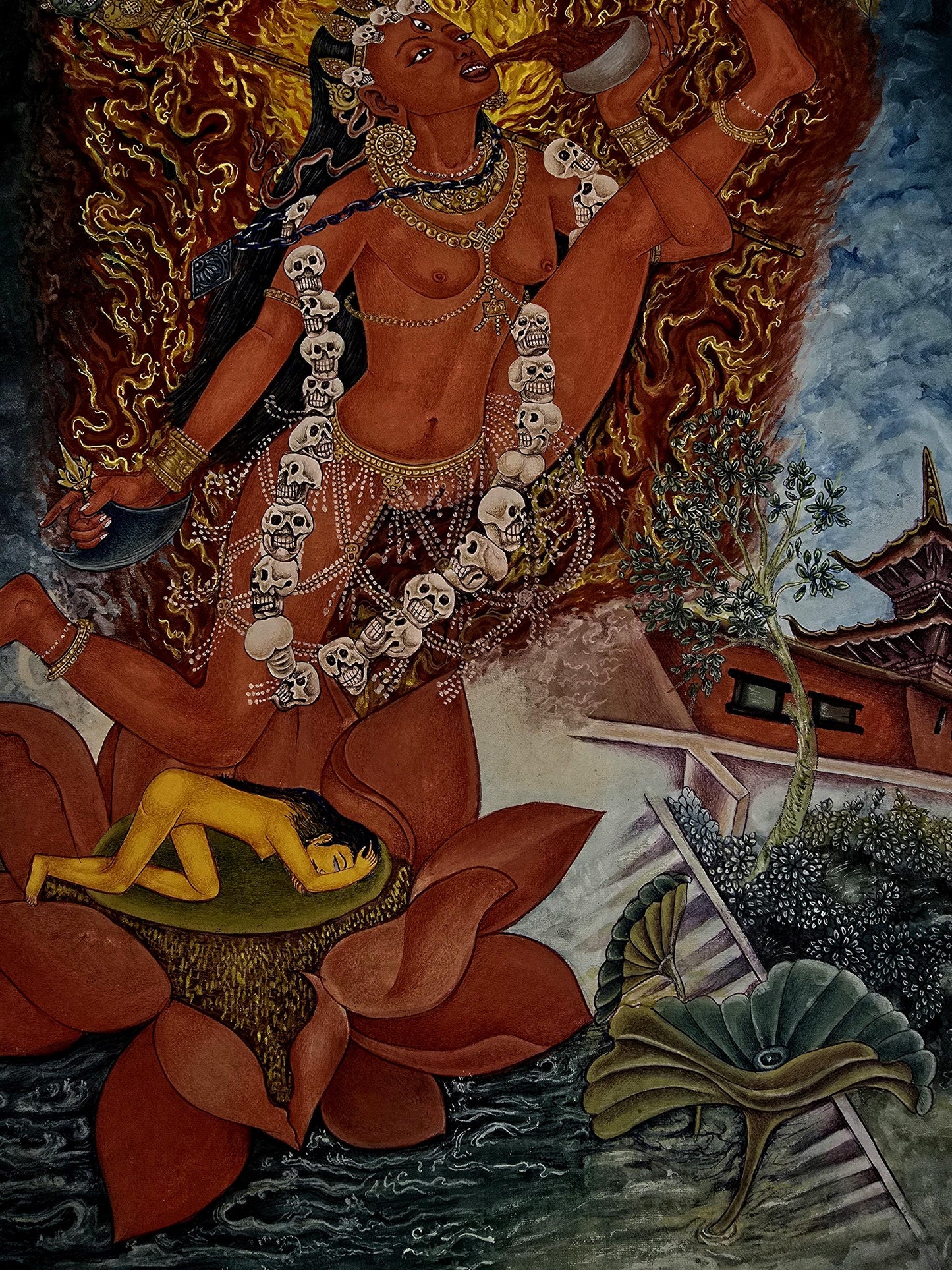 Akash Jogini Newari Paubha Thangka Painting – Wrathful Sky Dakini Sacred Himalayan Art