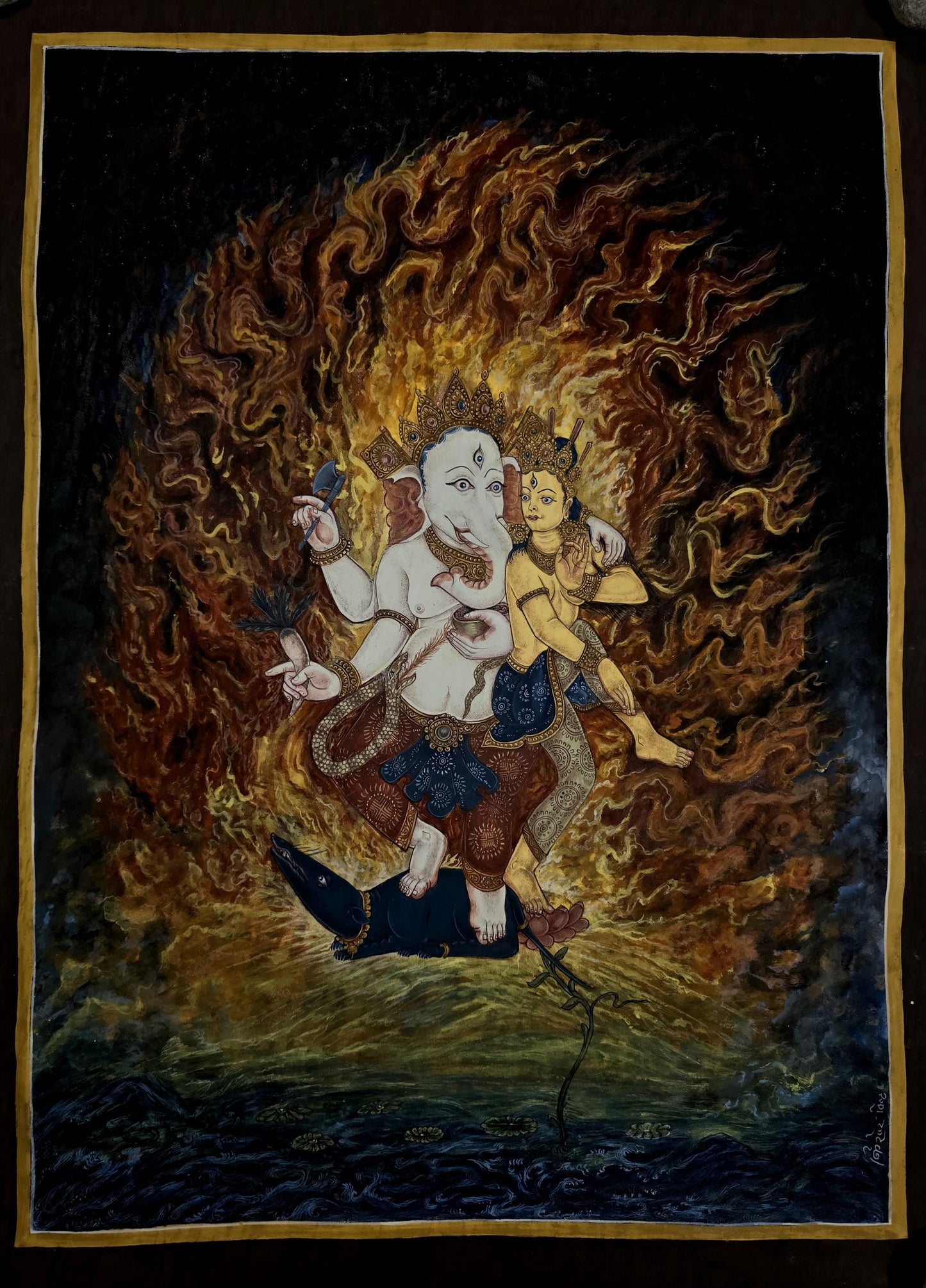 Ganesha Thangka Art | Hindu God of Wisdom | Ganapati Decor | Vedic Mythology | Newari Paubha Painting