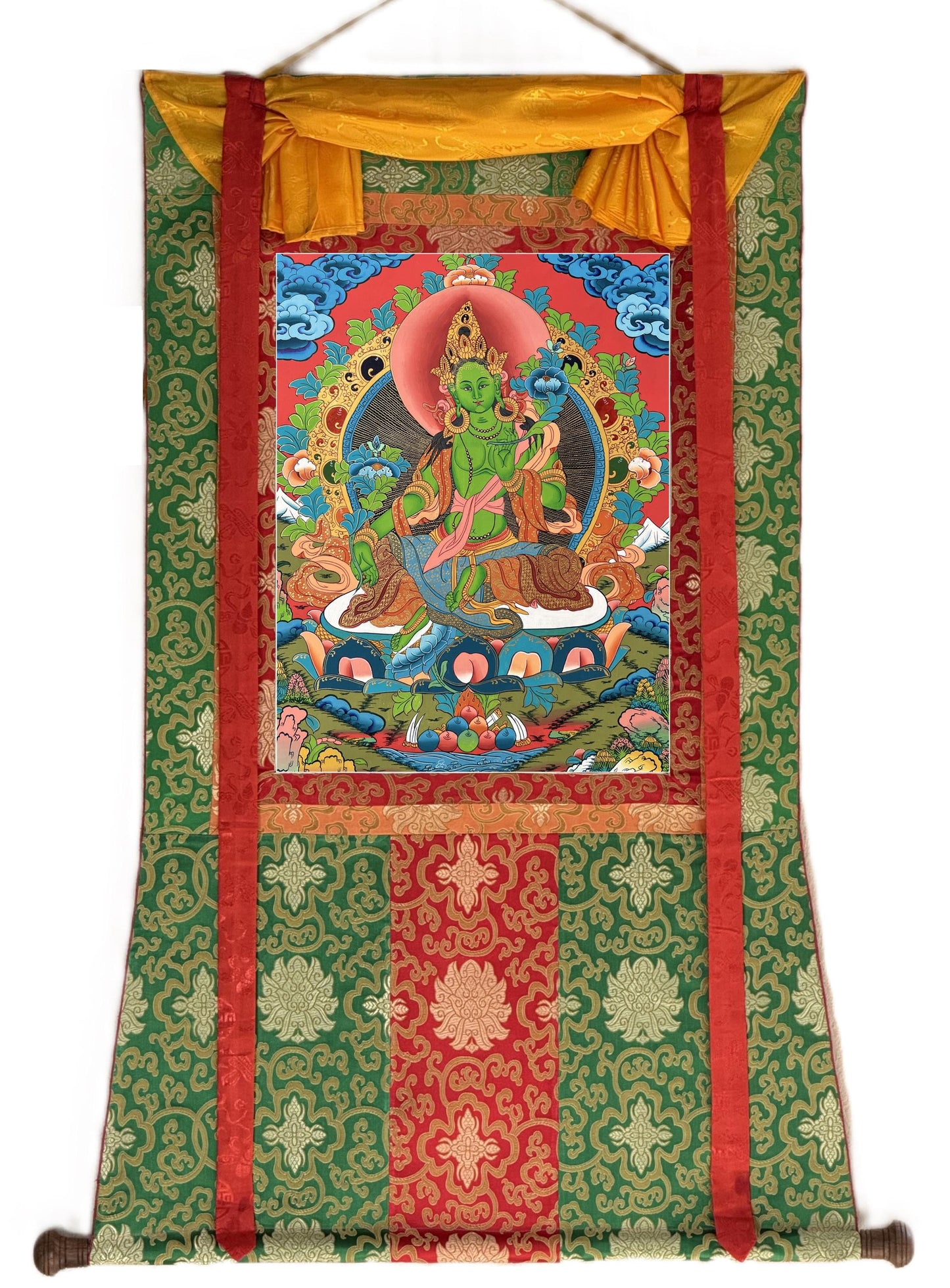 Hand-Painted Green Tara Thangka - Tibetan Goddess of Compassion and Protection with Silk Brocade