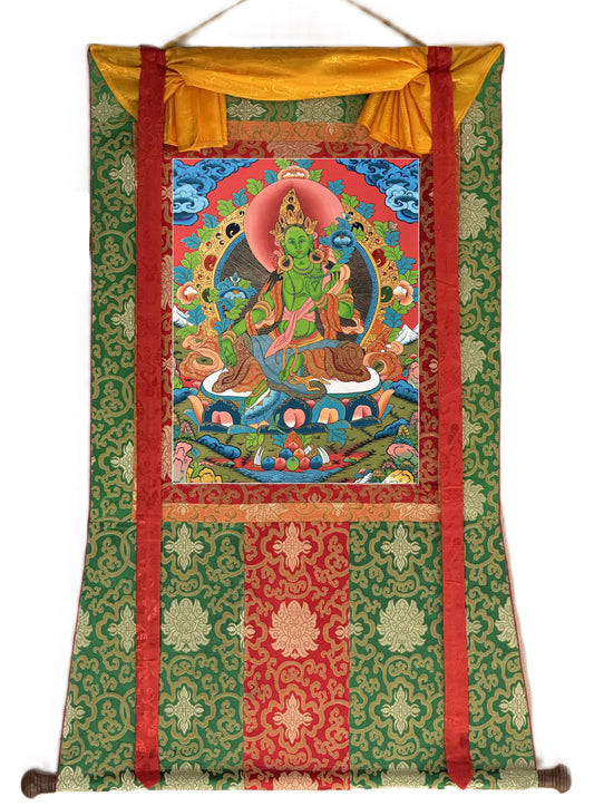 Hand-Painted Green Tara Thangka - Tibetan Goddess of Compassion and Protection with Silk Brocade