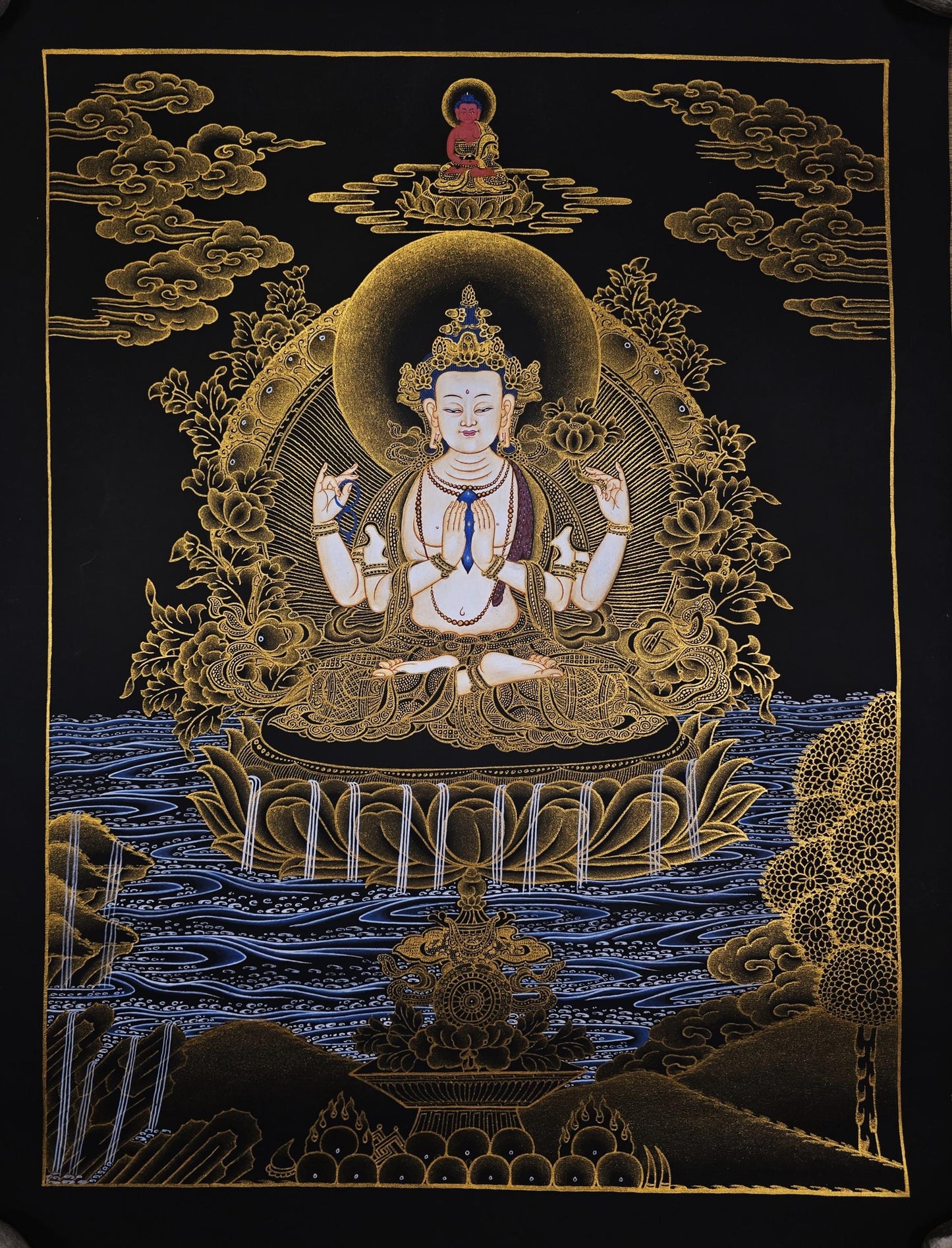 Chenrezig Avalokiteshvara Tibetan Thangka 24K Gold Hand-Painted Buddhist Compassion Art