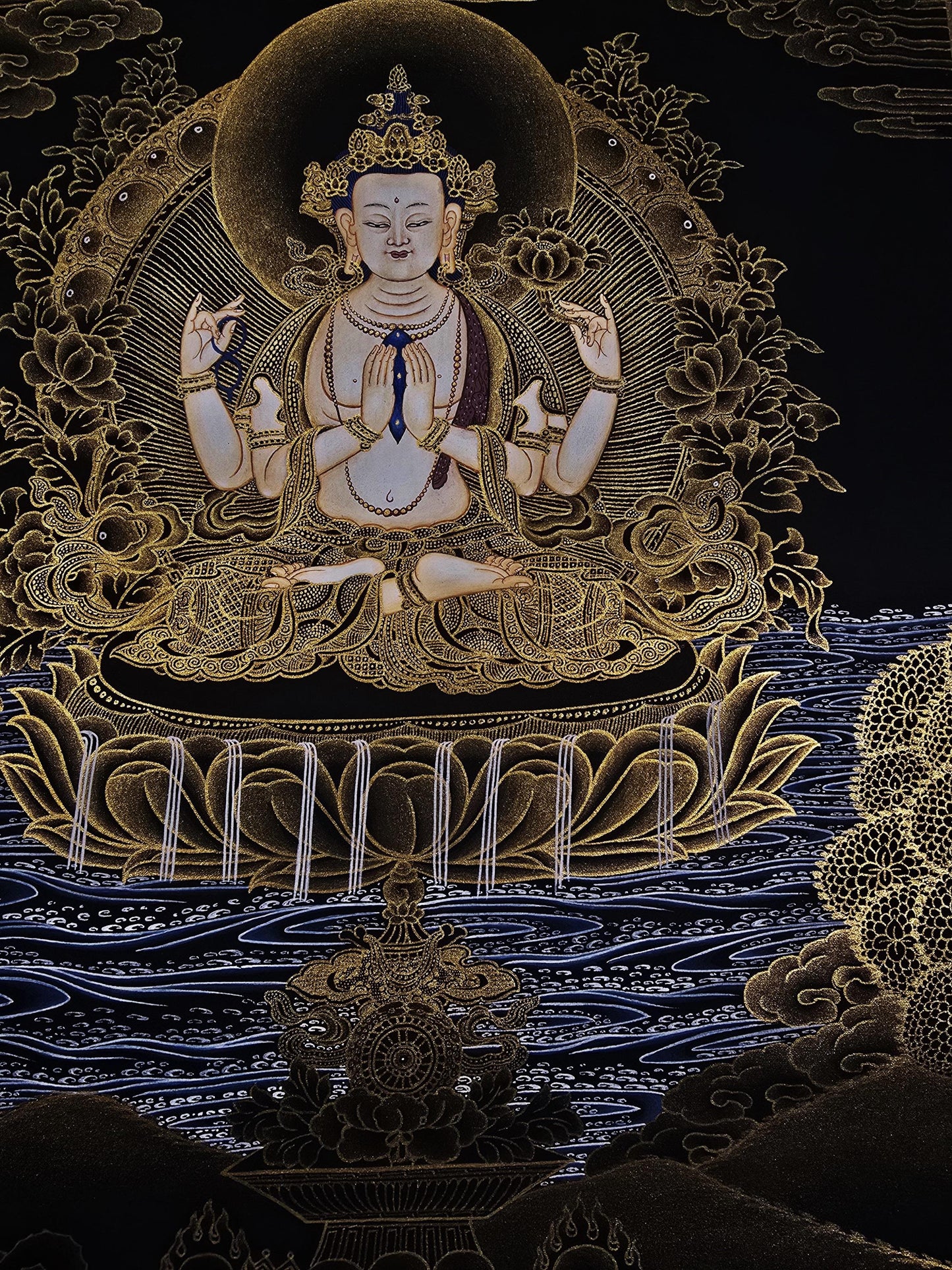 Chenrezig Avalokiteshvara Tibetan Thangka 24K Gold Hand-Painted Buddhist Compassion Art